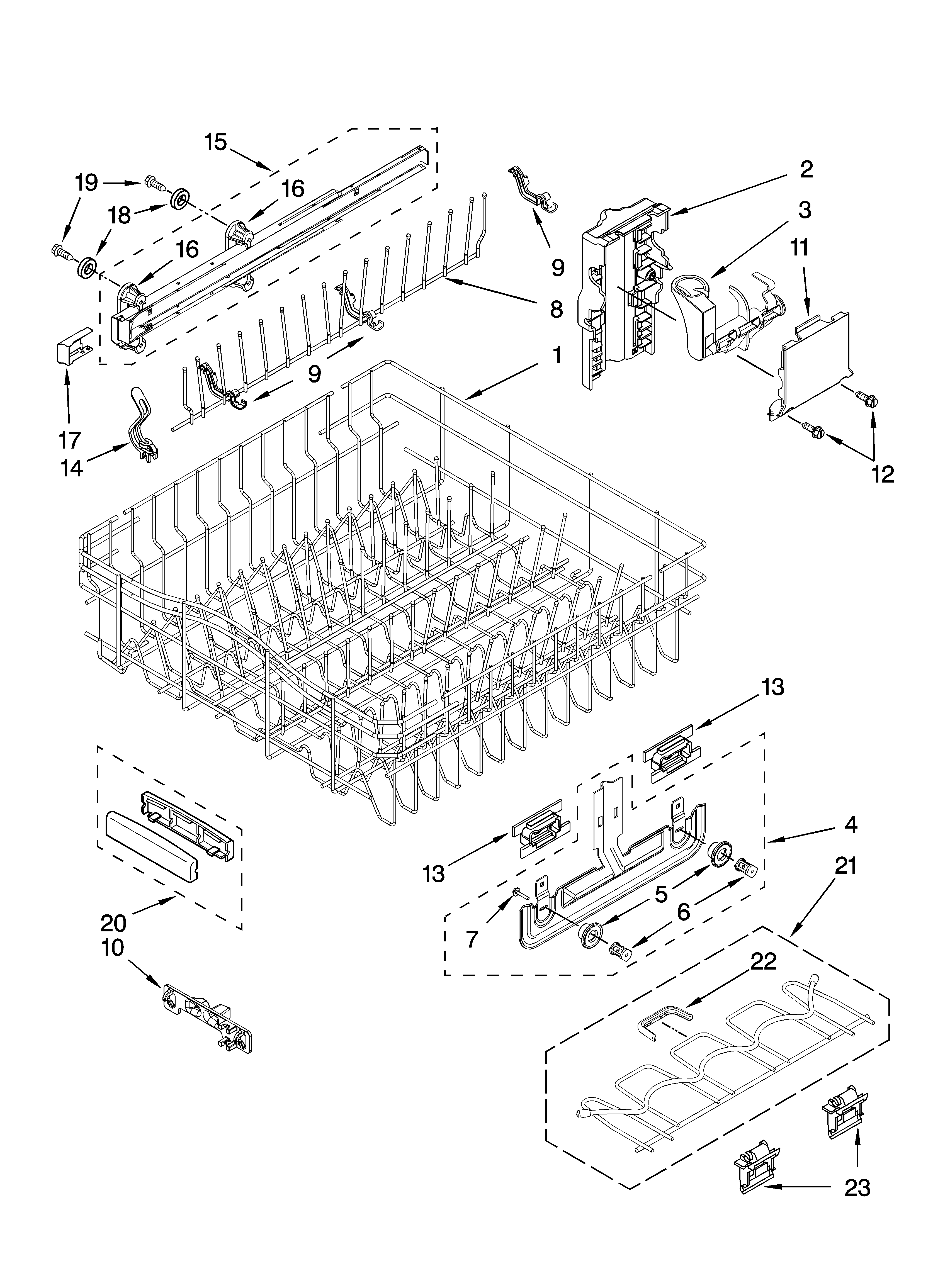 KitchenAid KUDS03CTWH2 upper rack and track parts diagram