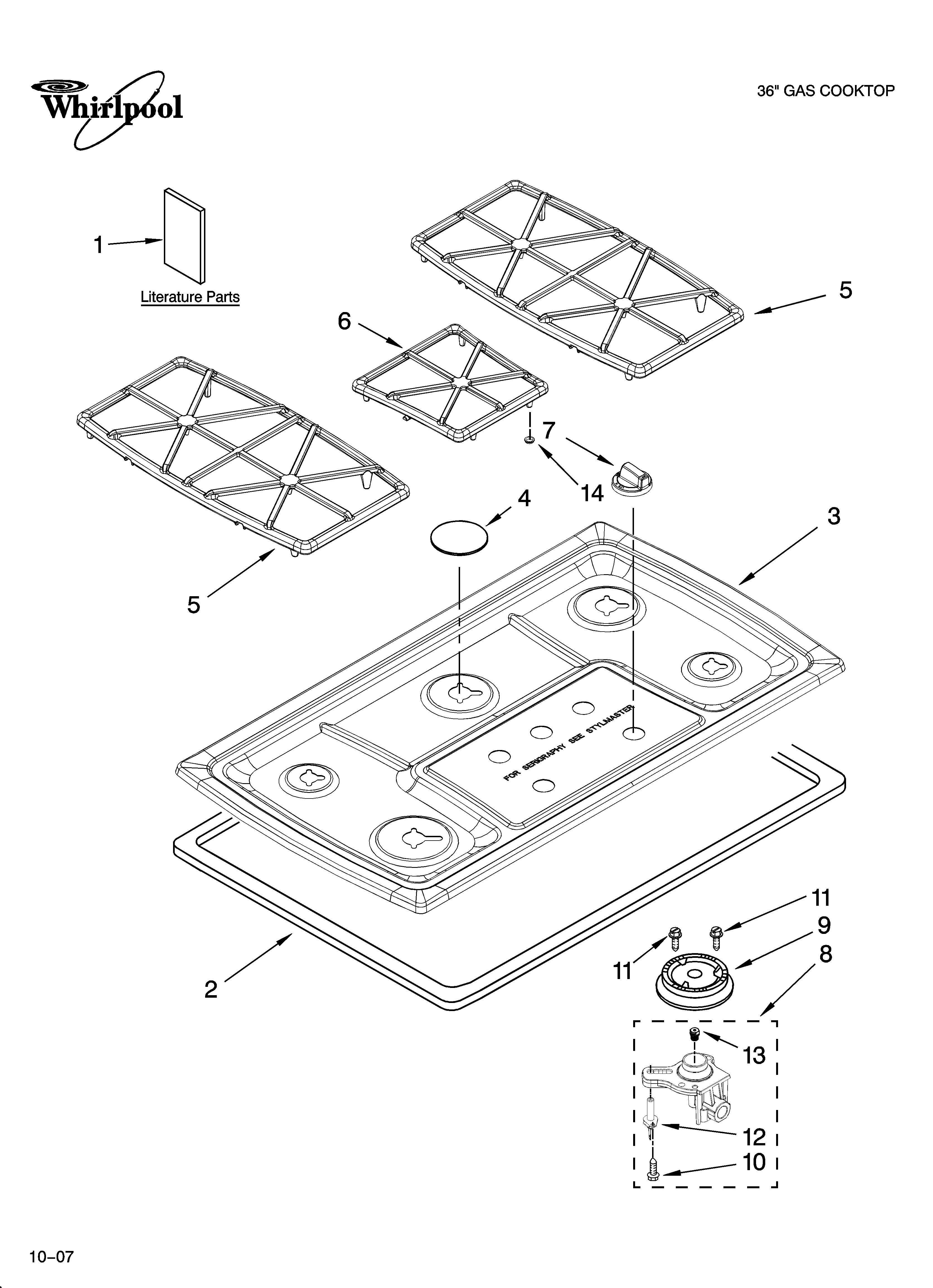 Whirlpool GLS3675VS00 cooktop, burner and grate parts diagram
