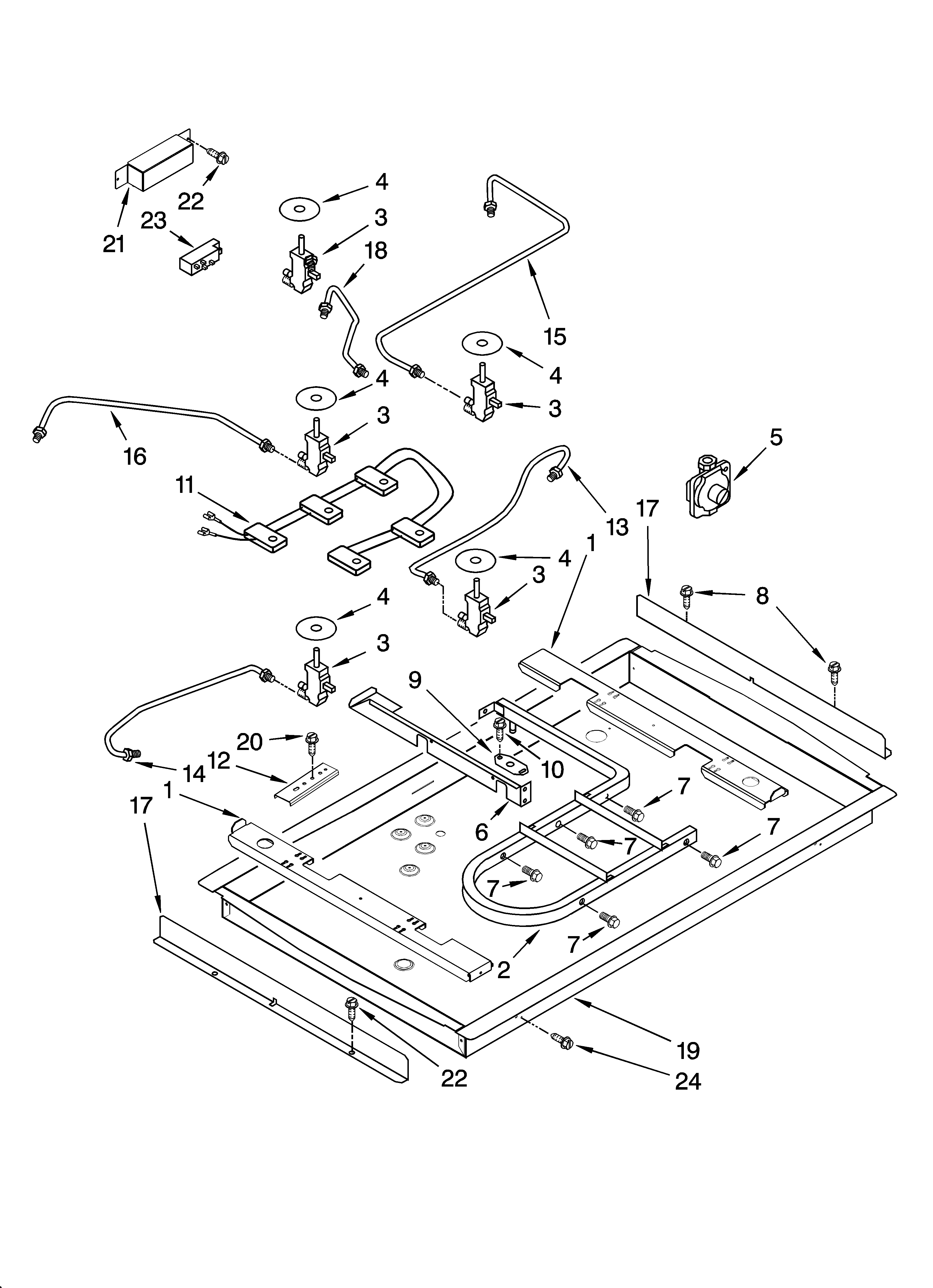 Whirlpool GLS3675VS00 burner box, gas valves, and switches, optional parts diagram