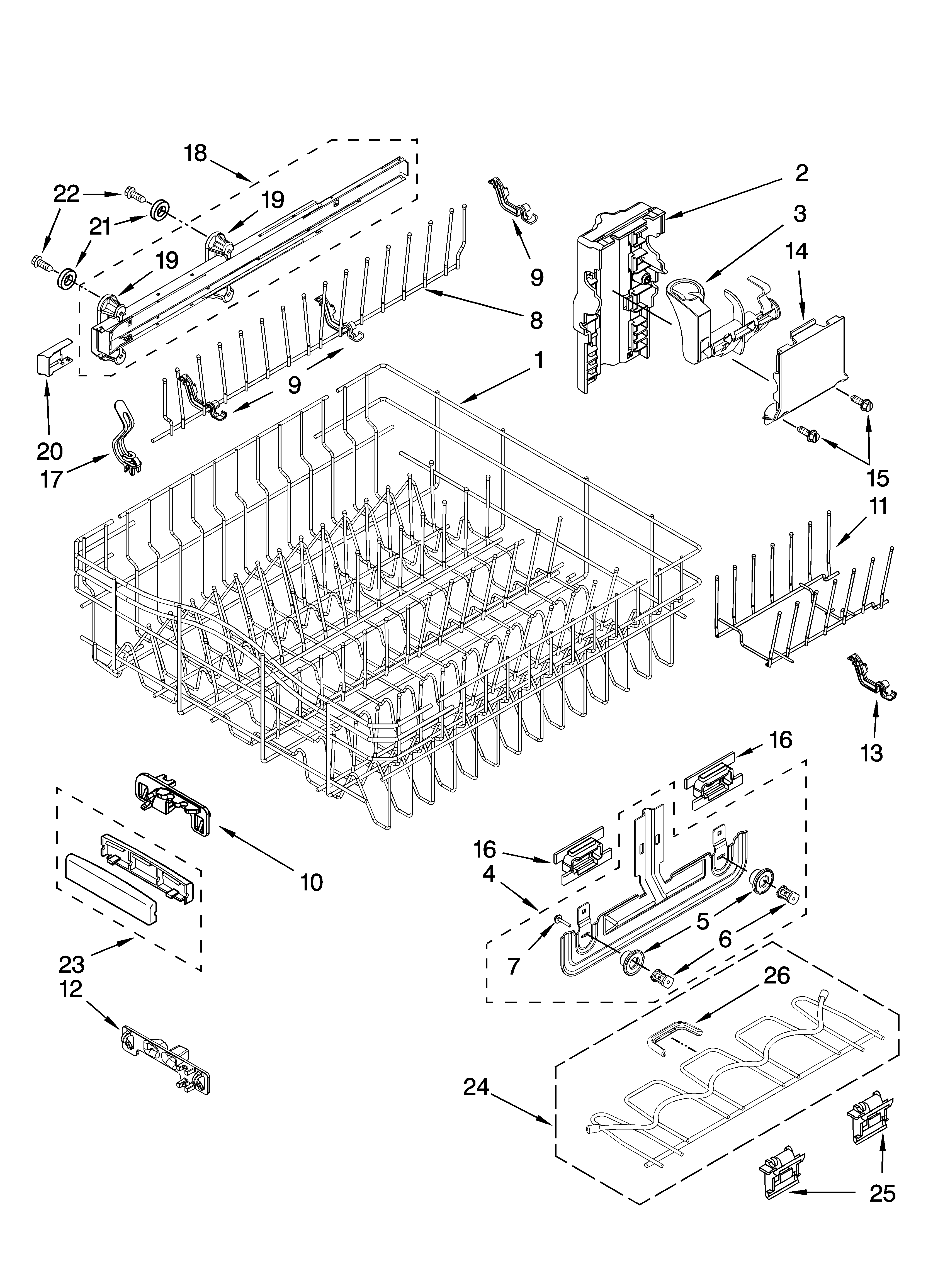 KitchenAid KUDU03STWH2 upper rack and track parts diagram