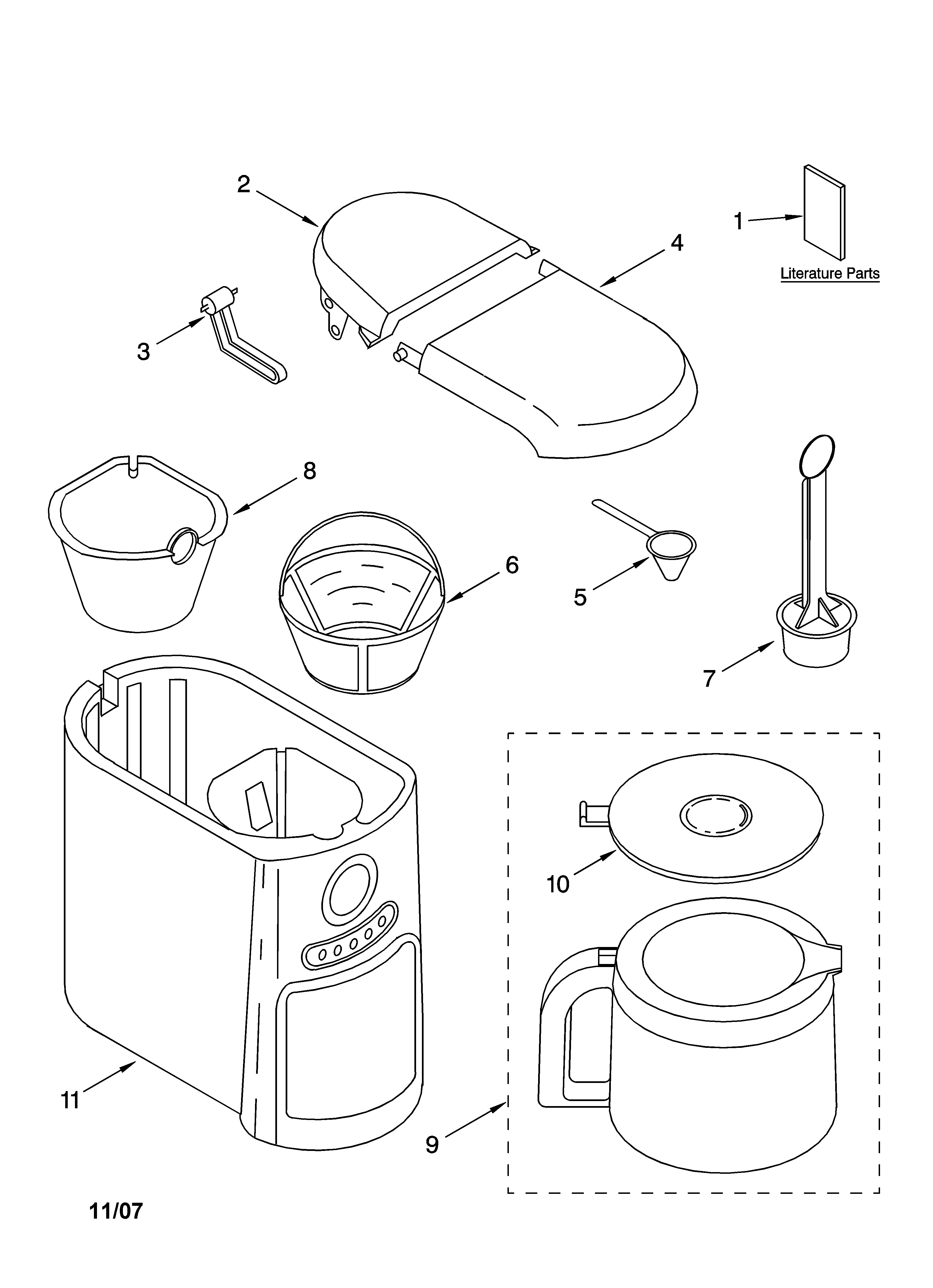 KitchenAid KCM514OB1 water tank, carafe, and filter parts diagram