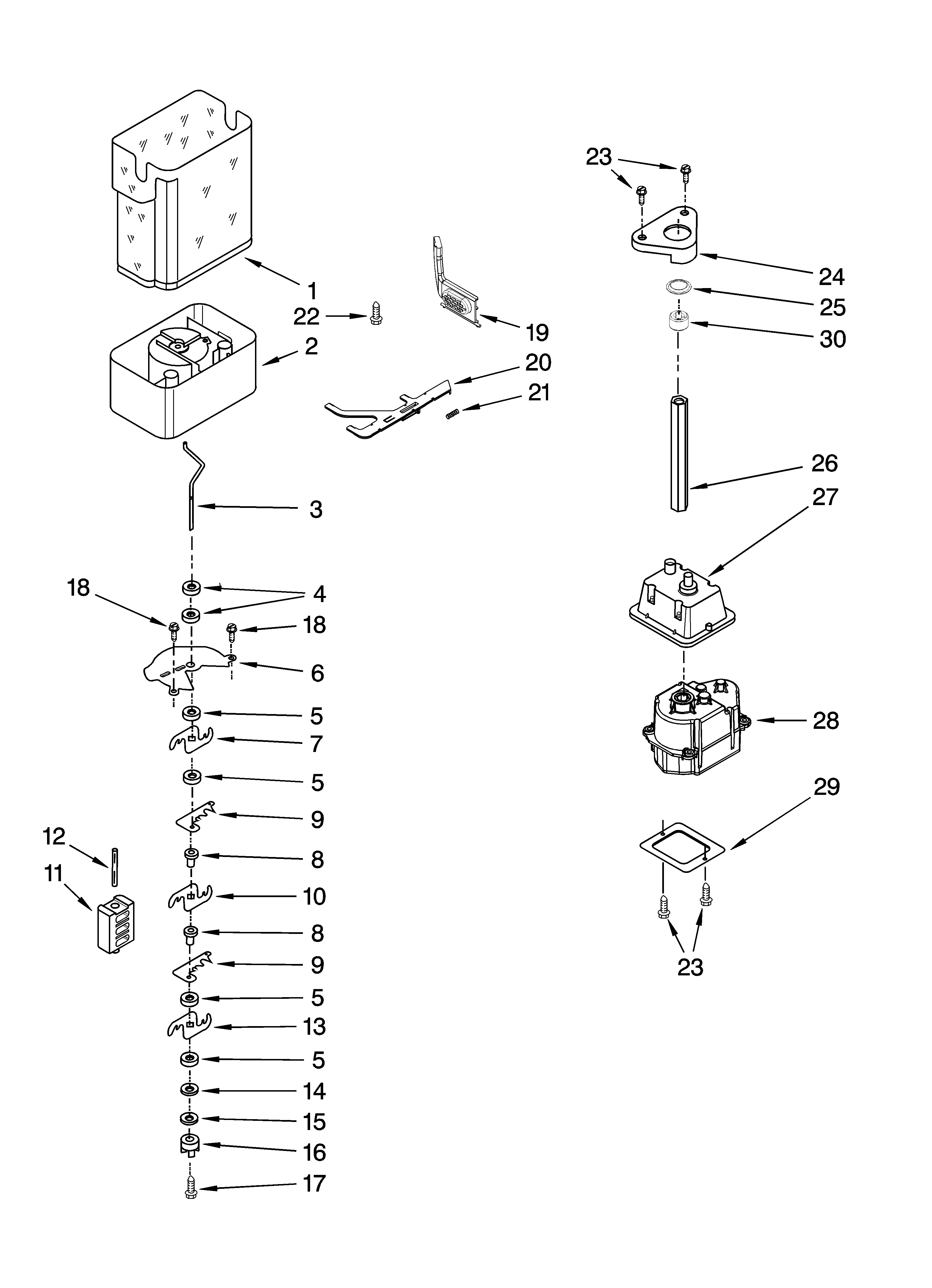KitchenAid KSSO36QTB00 motor and ice container parts diagram