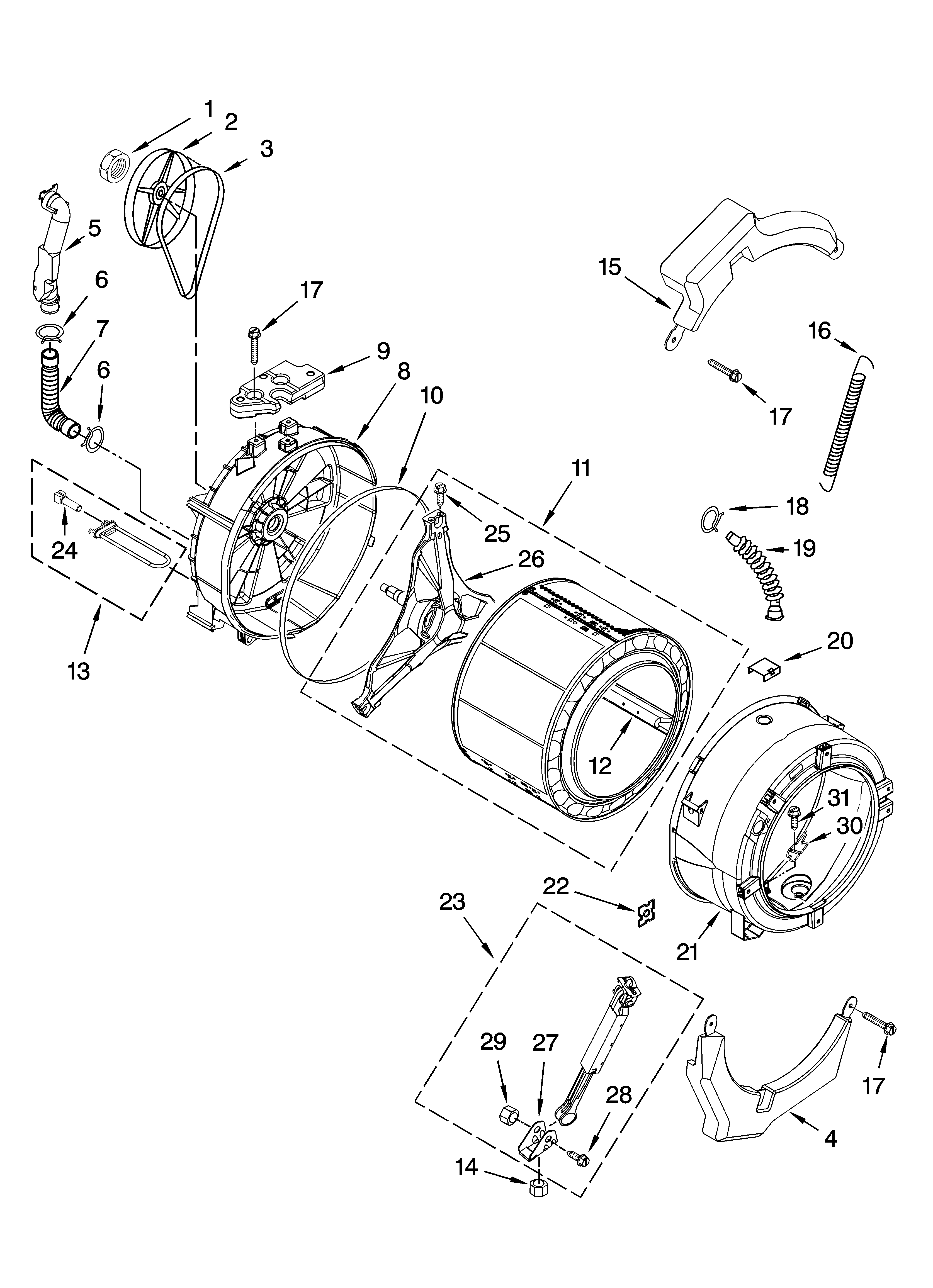 Whirlpool WFW8500SR02 tub and basket parts, optional parts (not included) diagram