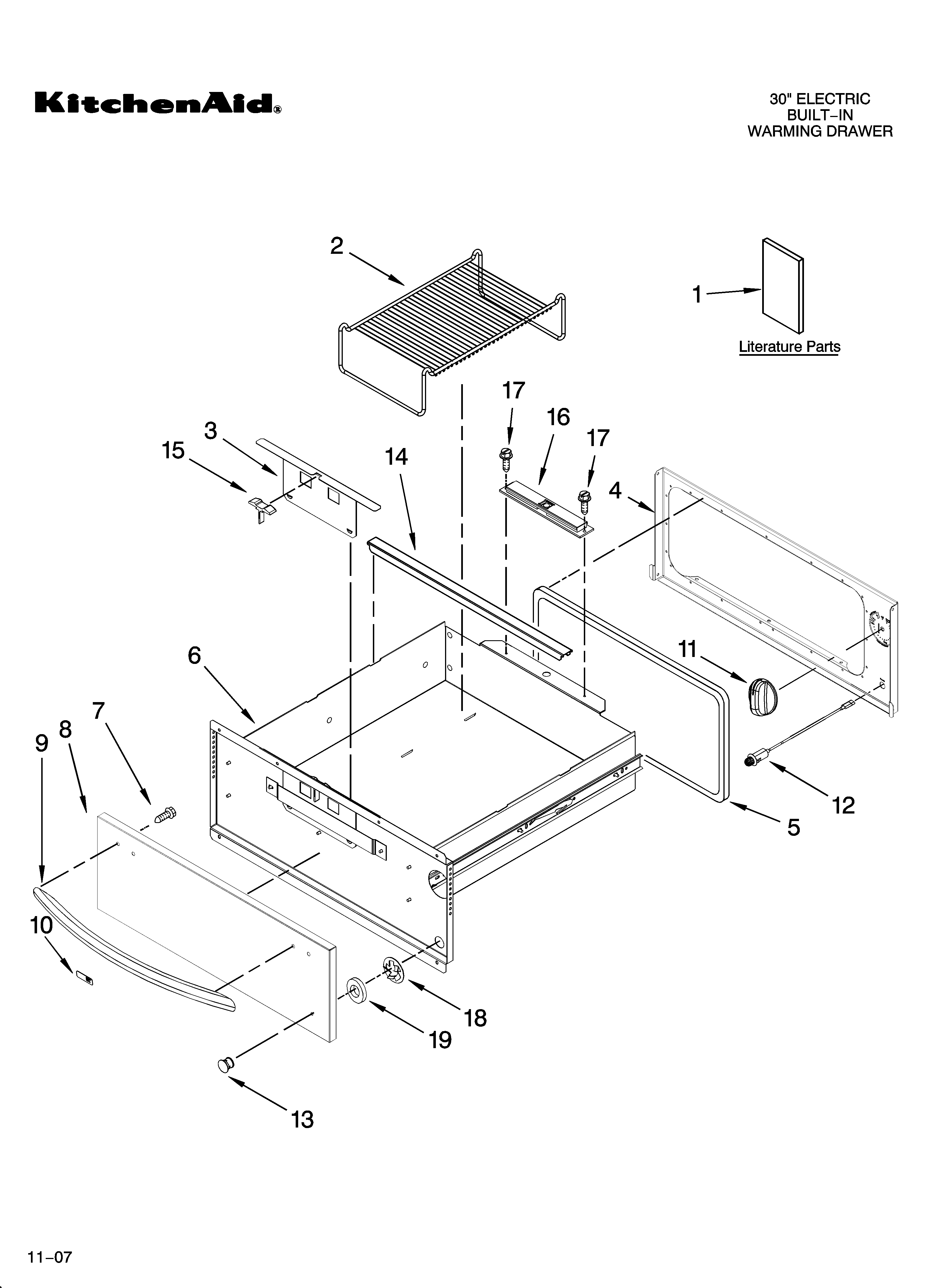 KitchenAid KEWS105SPA01 control, door and drawer parts diagram