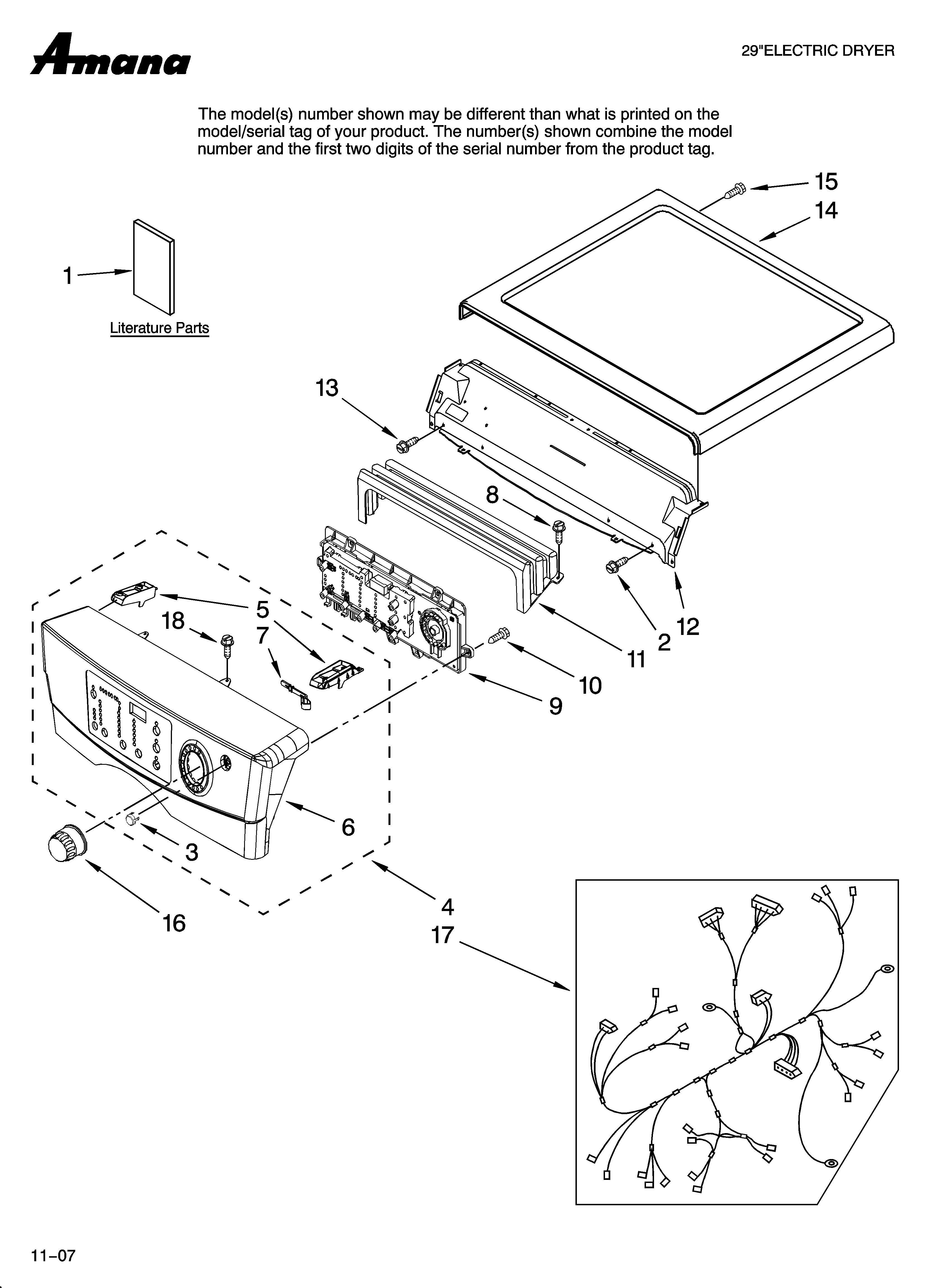 Amana NED7200TW10 top and console parts diagram