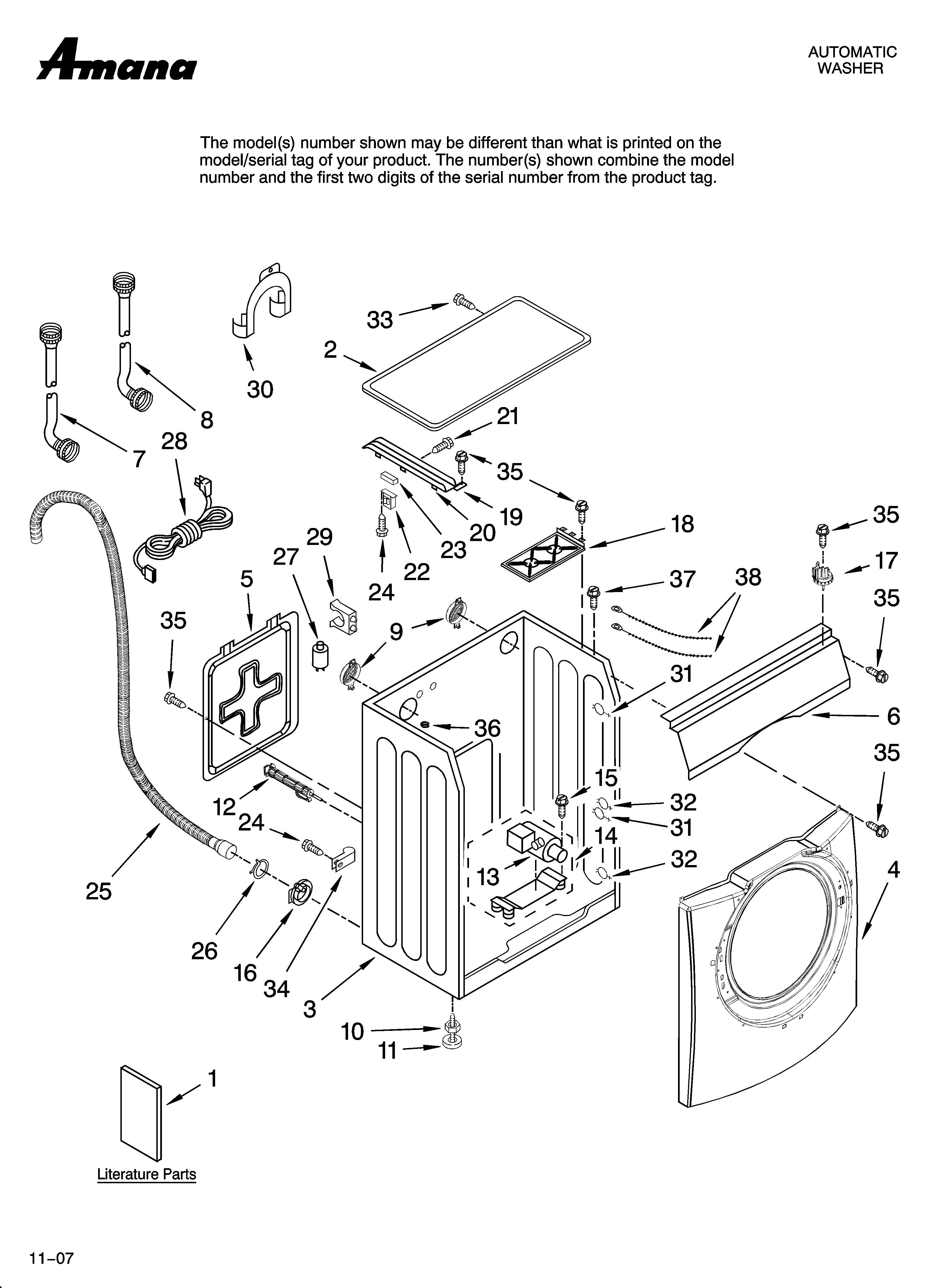 Amana NFW7200TW10 top and cabinet parts diagram