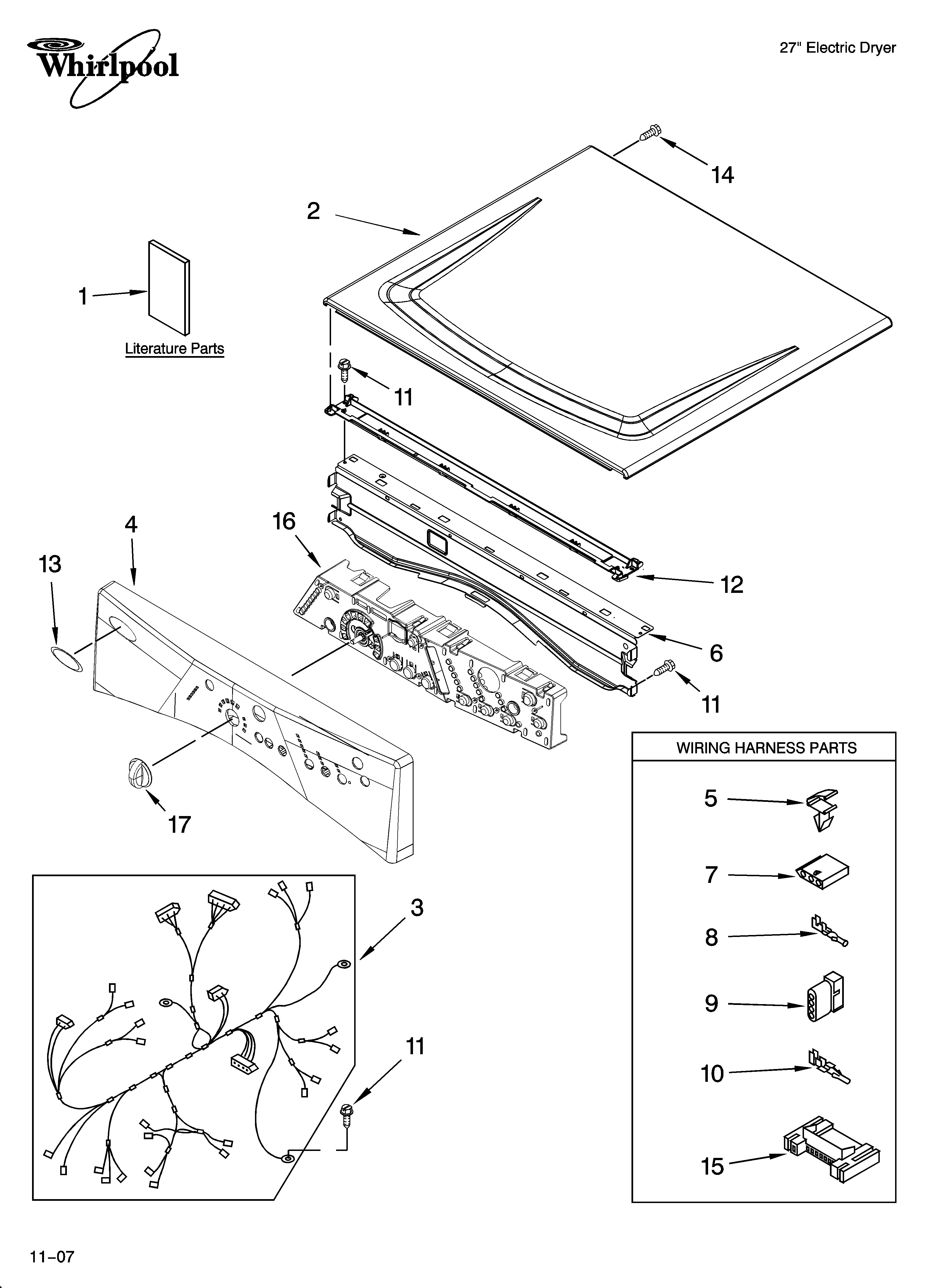 Whirlpool WED8300SW2 top and console parts diagram