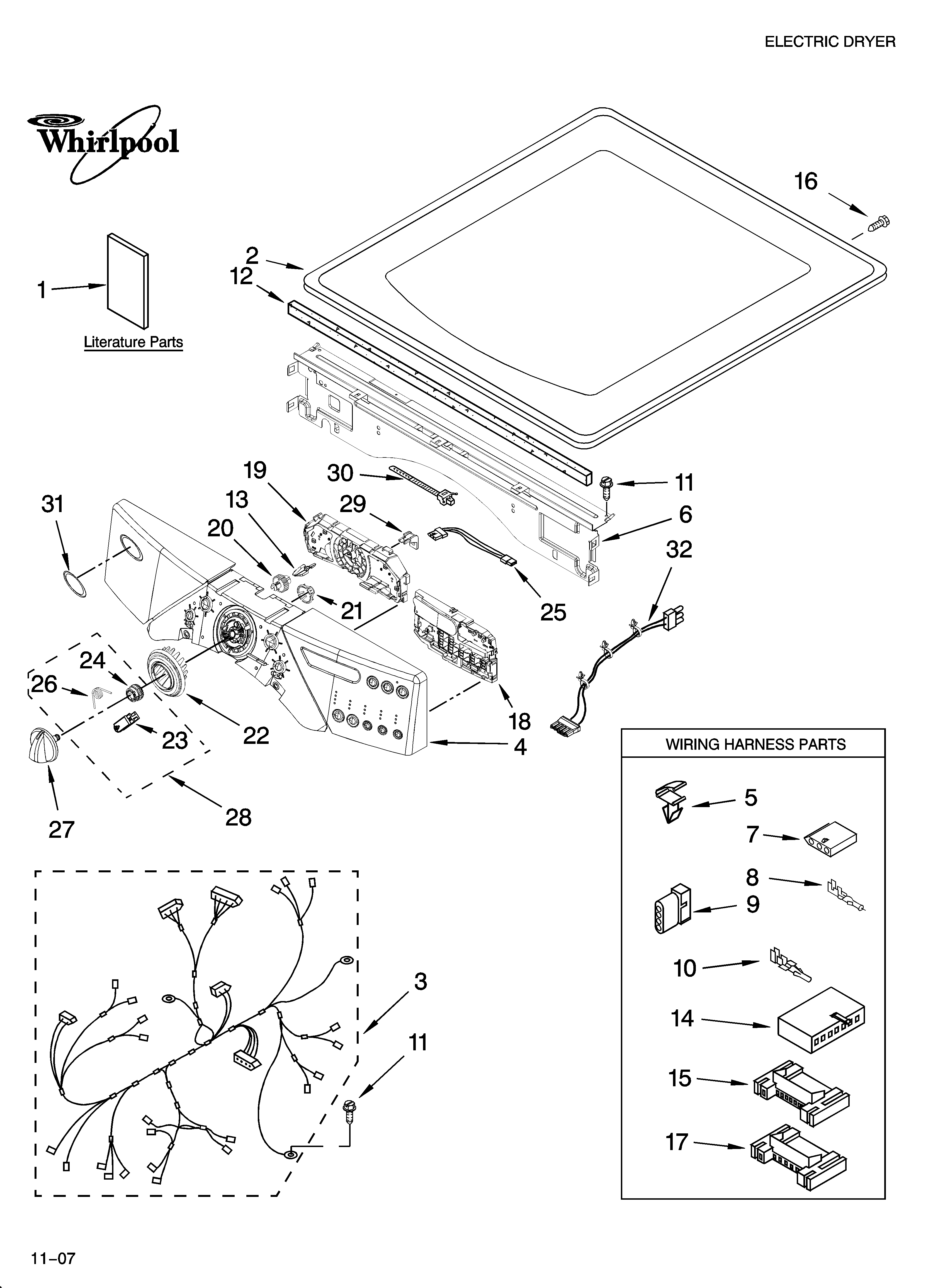 Whirlpool WED9400ST0 top and console parts diagram