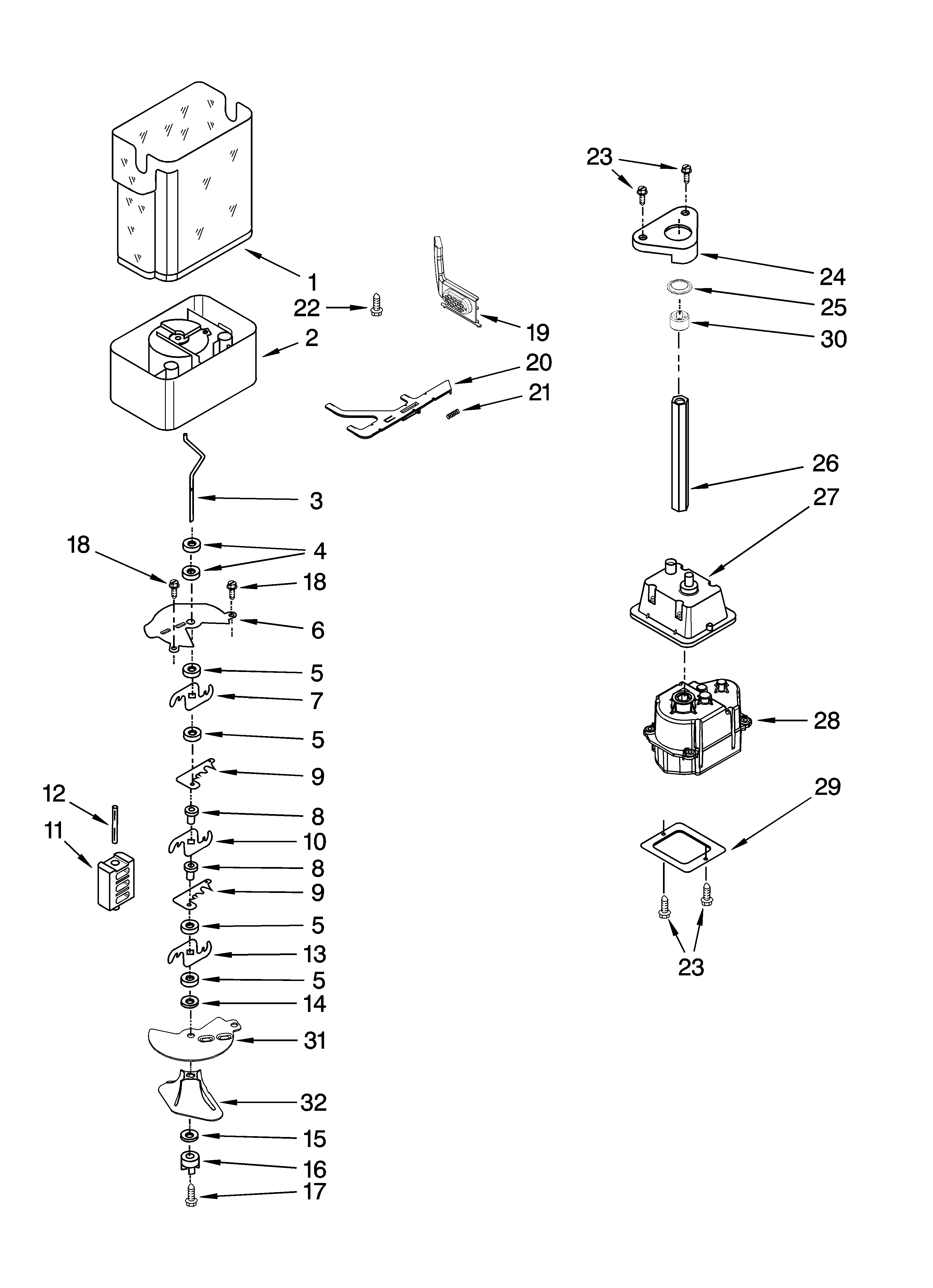 KitchenAid KSSO36QTX02 motor and ice container parts diagram