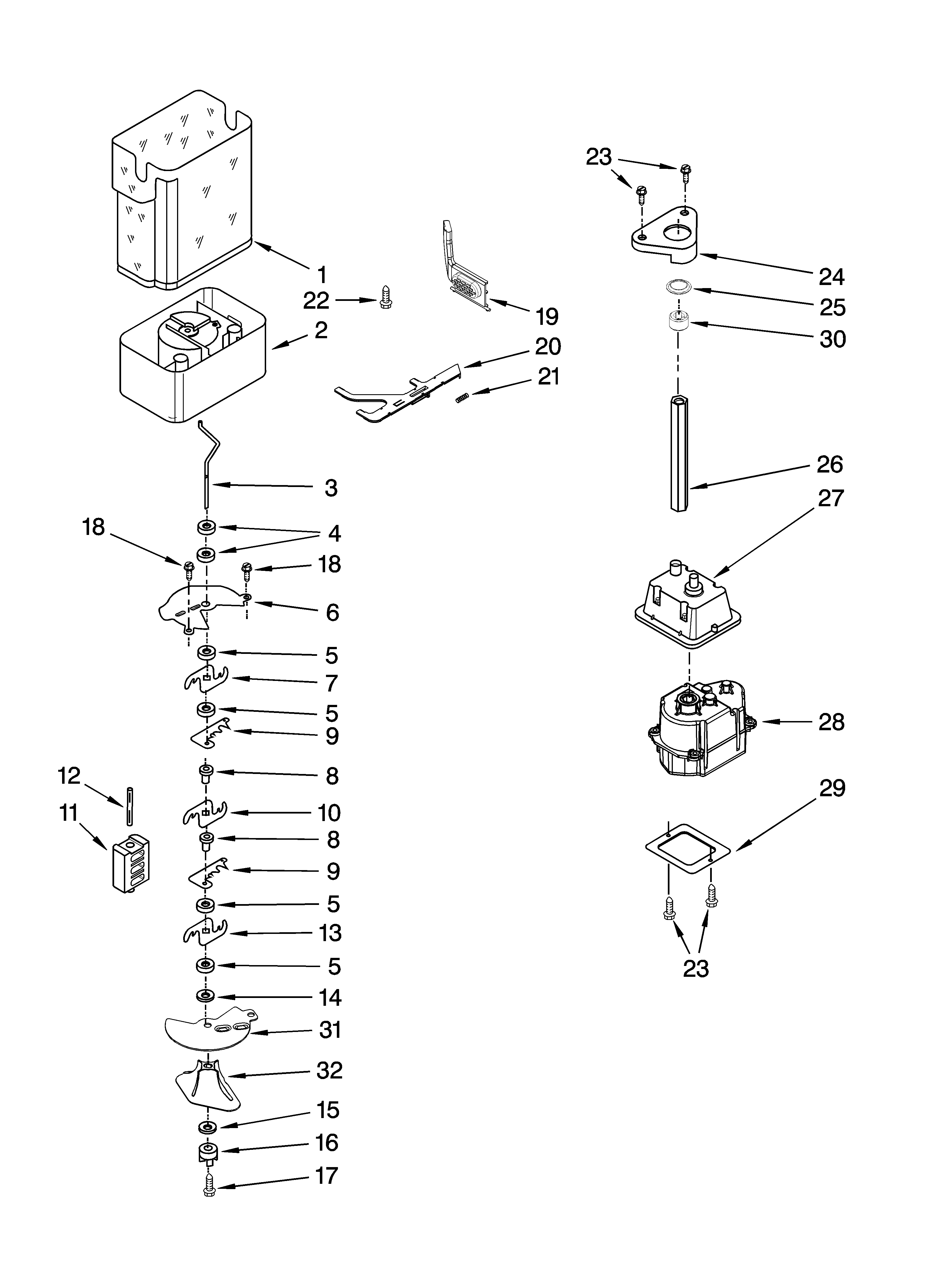 KitchenAid KSSS36QTX02 motor and ice container parts diagram