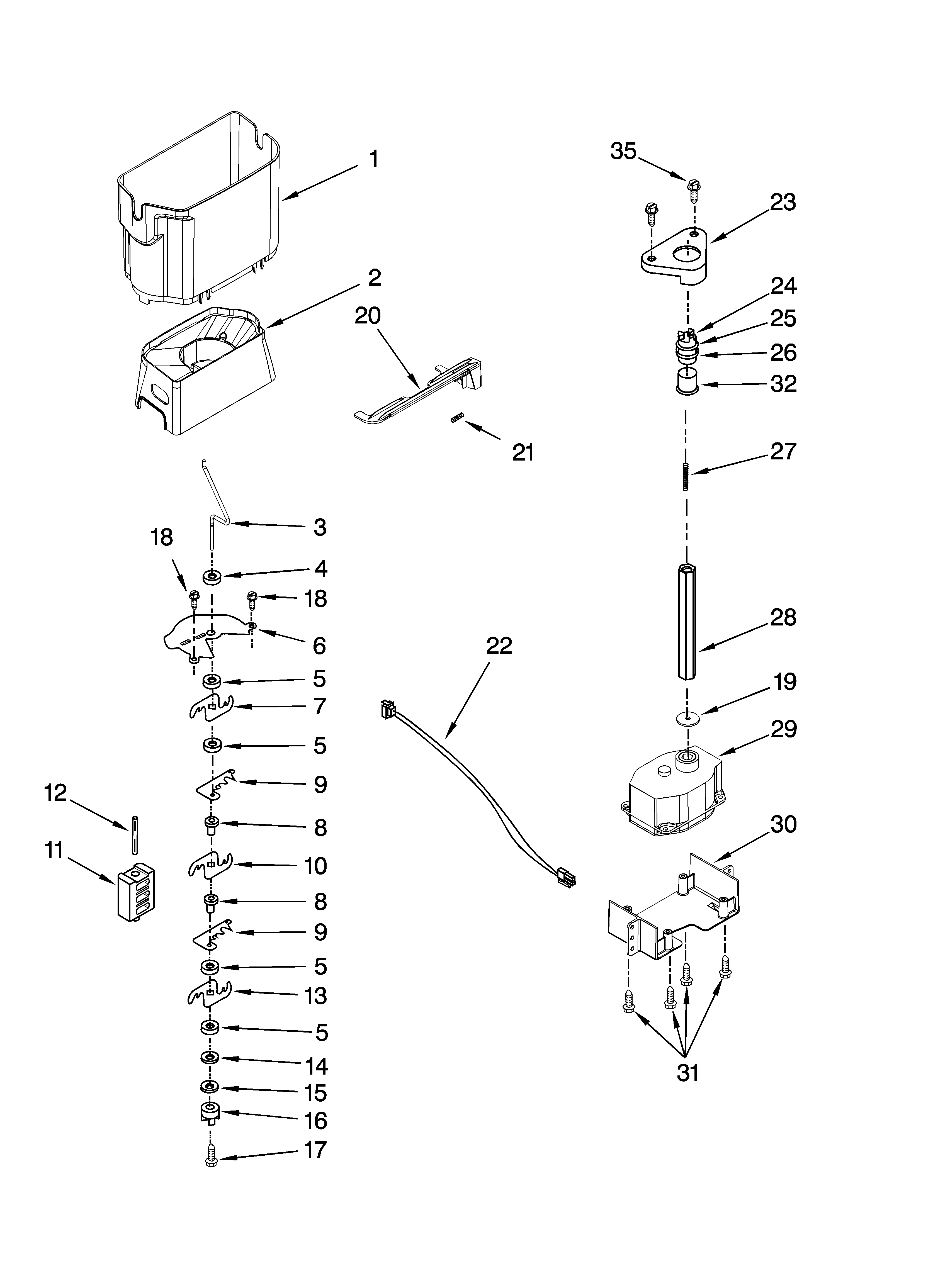 KitchenAid KSRS25RVWH00 motor and ice container parts diagram