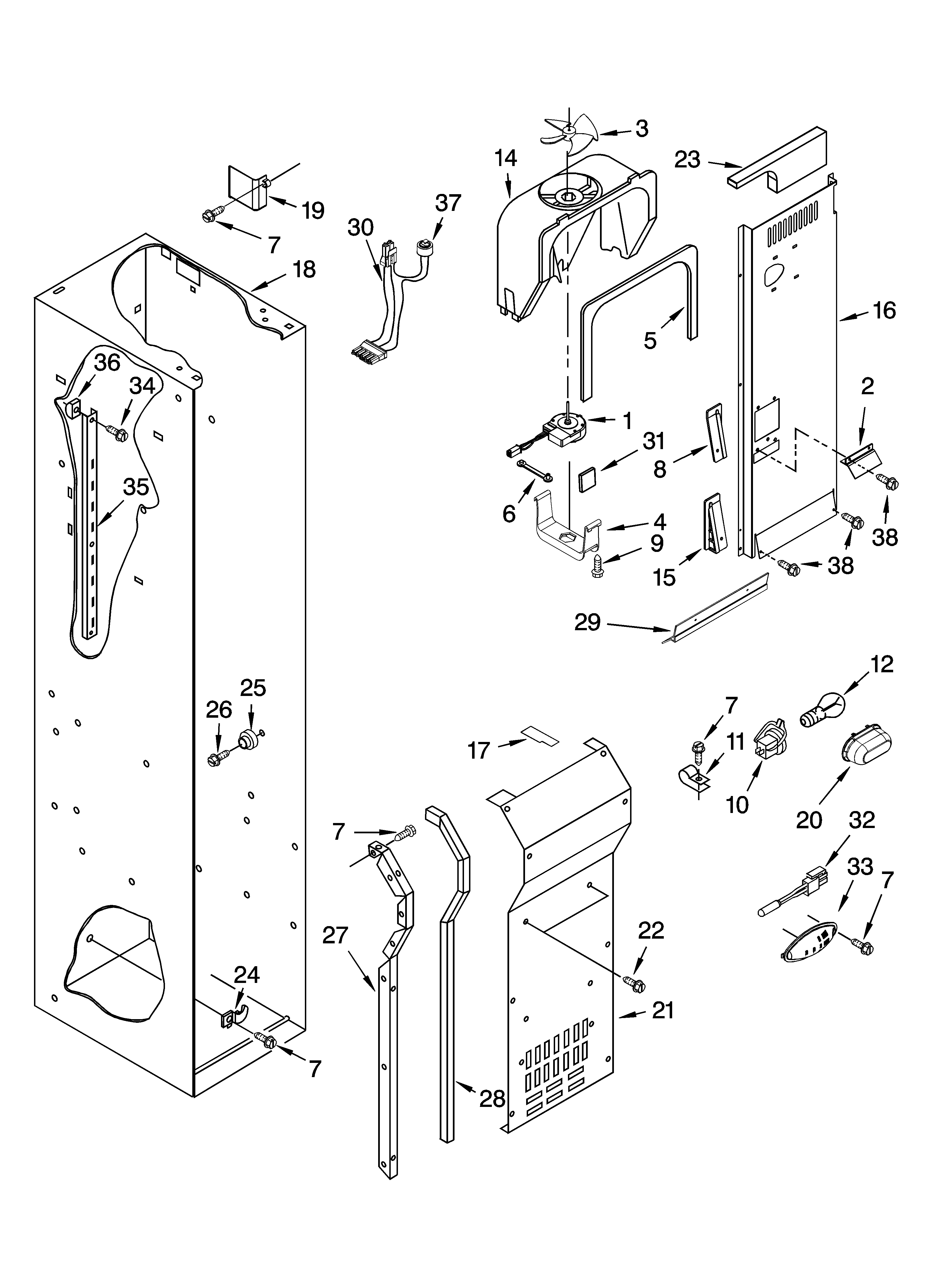 KitchenAid KSSO36FTX02 freezer liner and air flow parts diagram