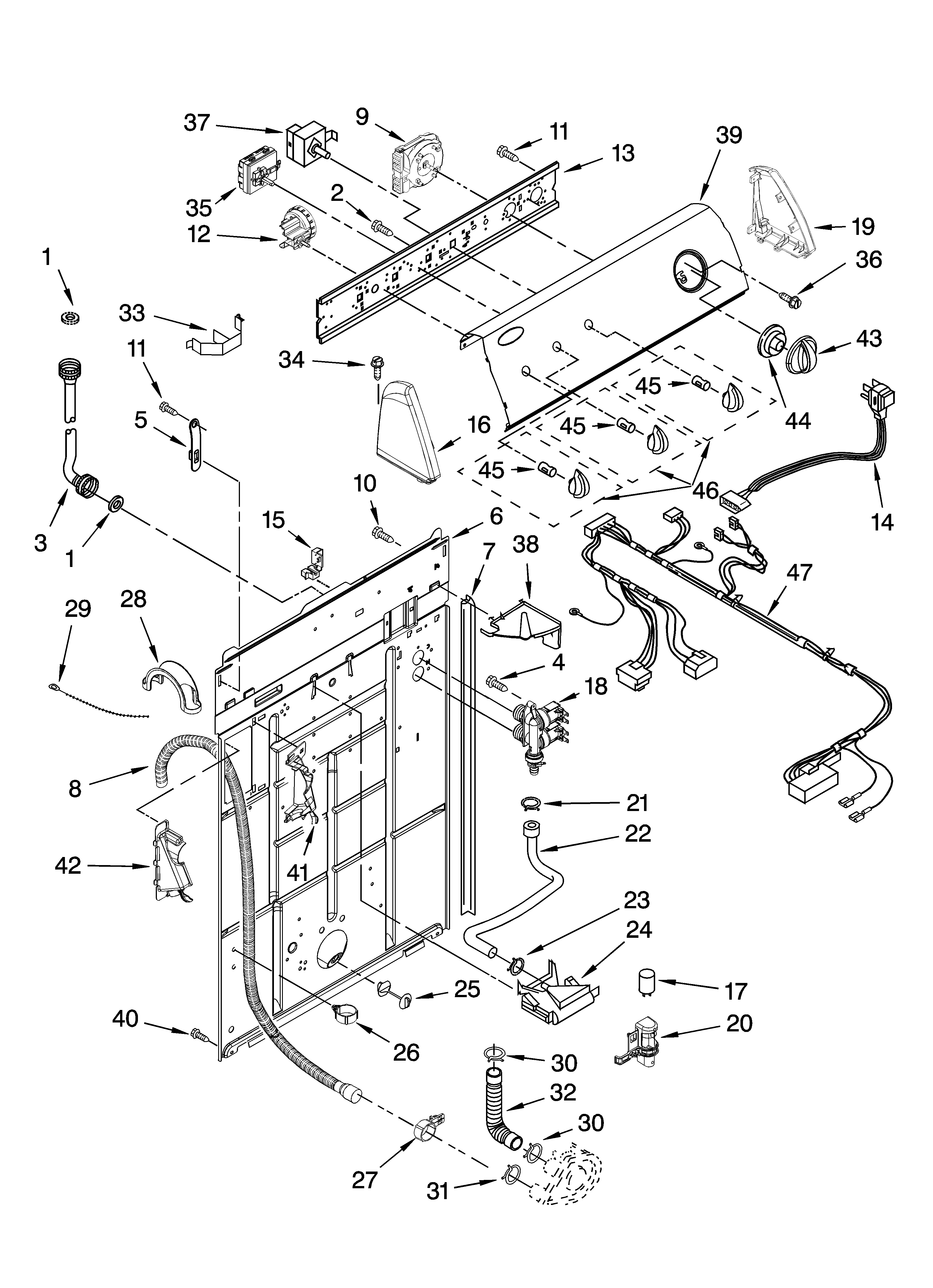 Whirlpool WTW5500ST2 controls and rear panel parts diagram