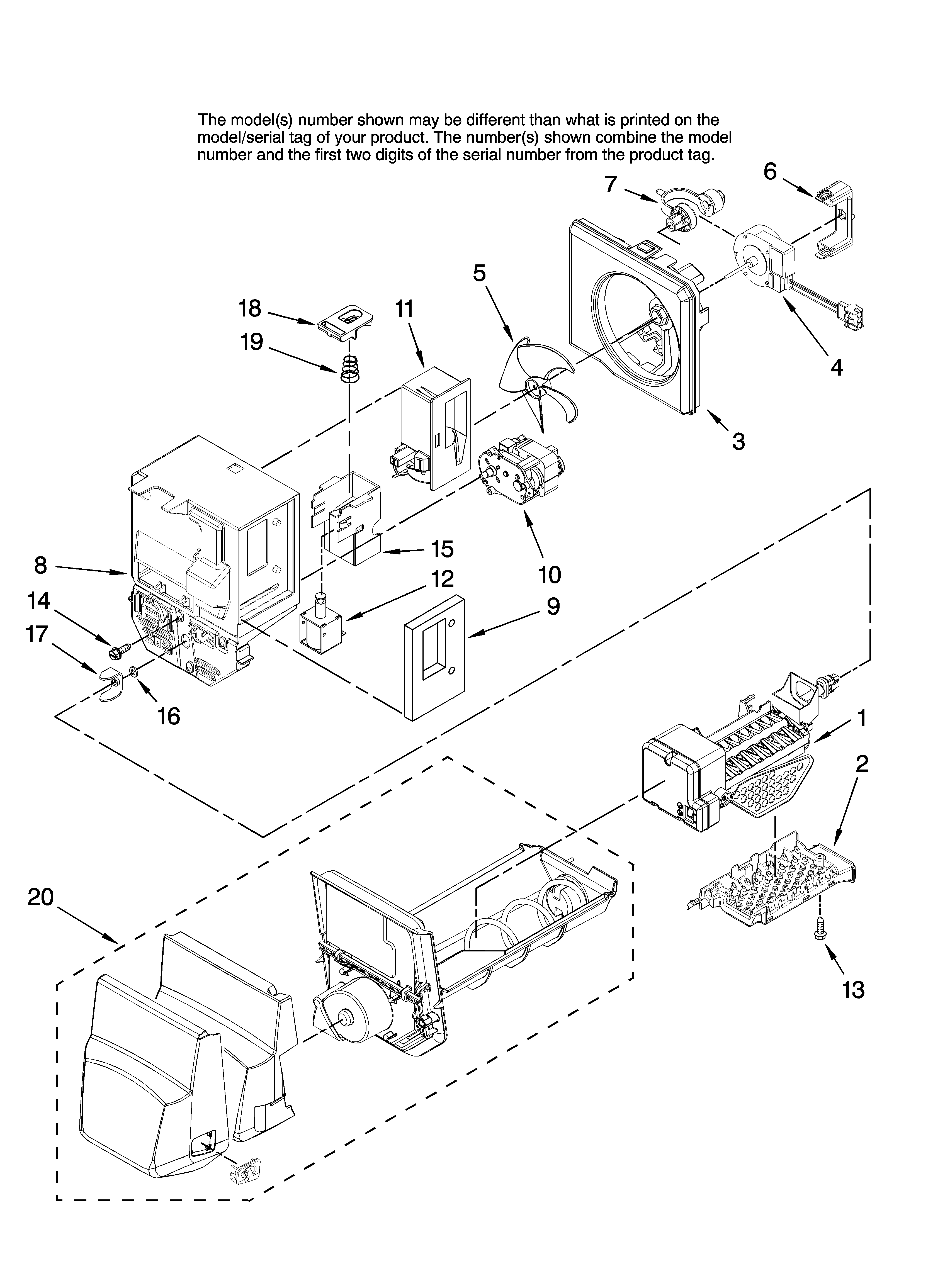 Maytag MFI2067AEB12 motor and ice container parts diagram