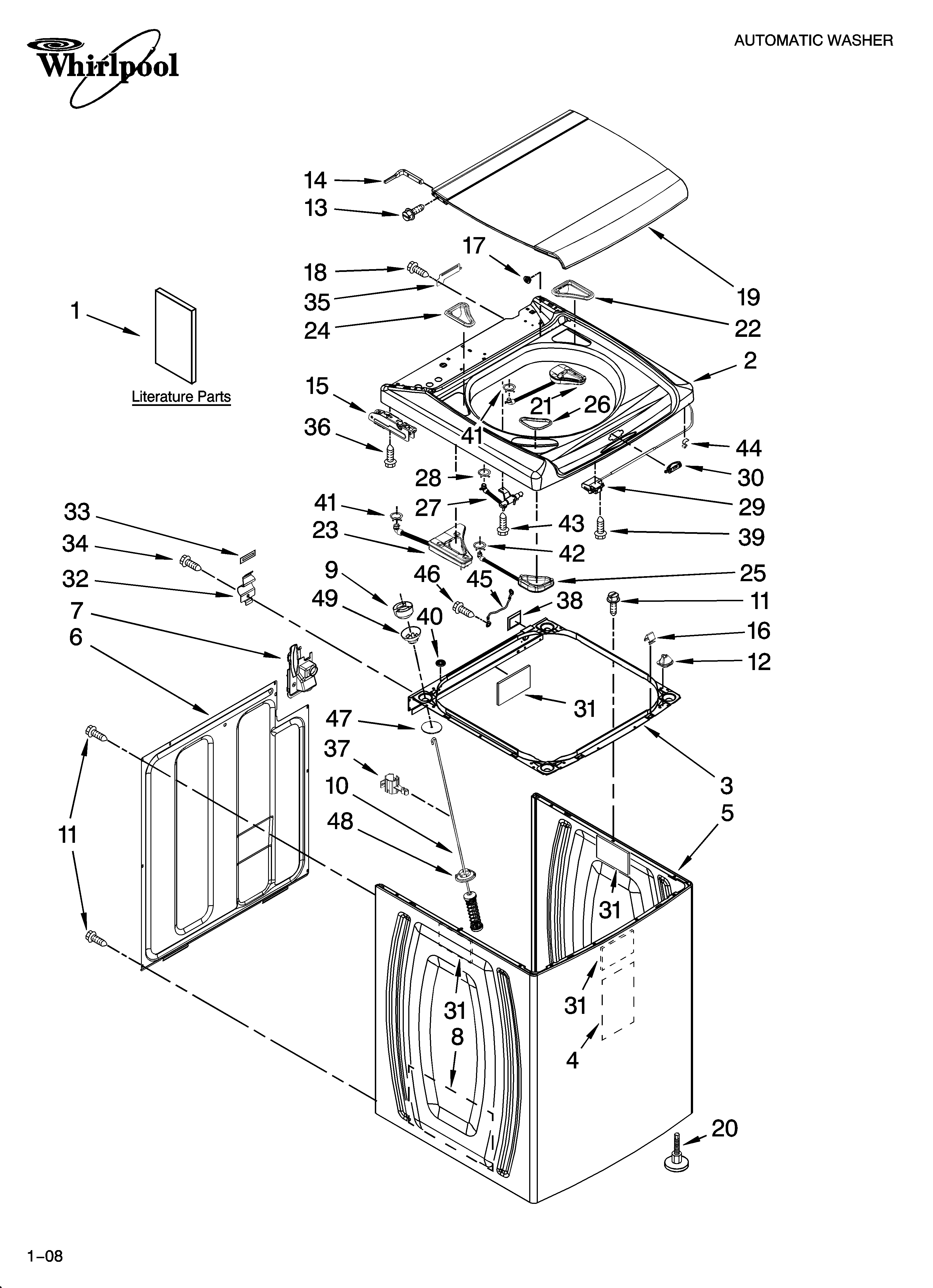 Whirlpool WTW6600SW3 top and cabinet parts diagram