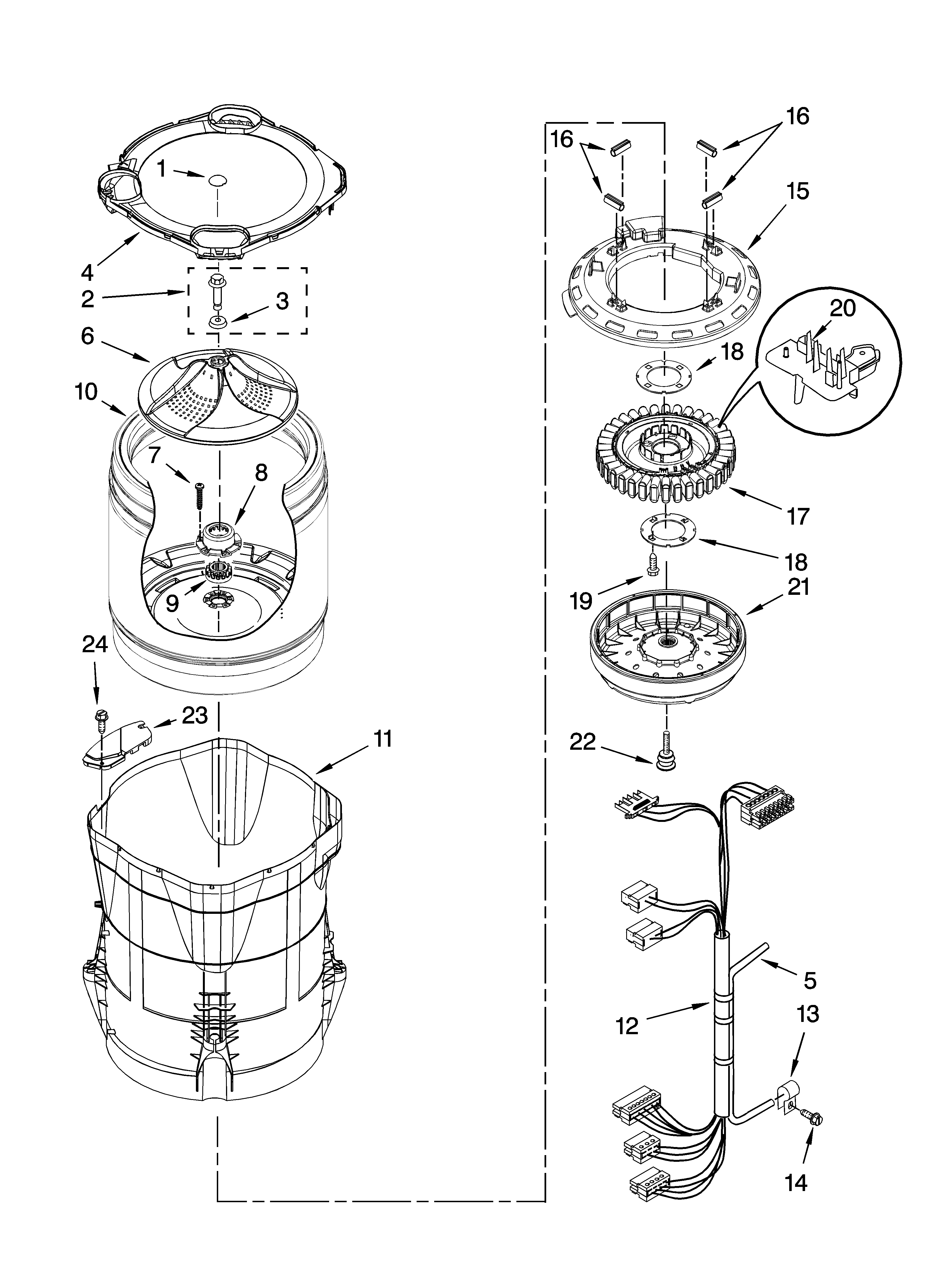 Whirlpool WTW6600SW3 motor, basket and tub parts diagram