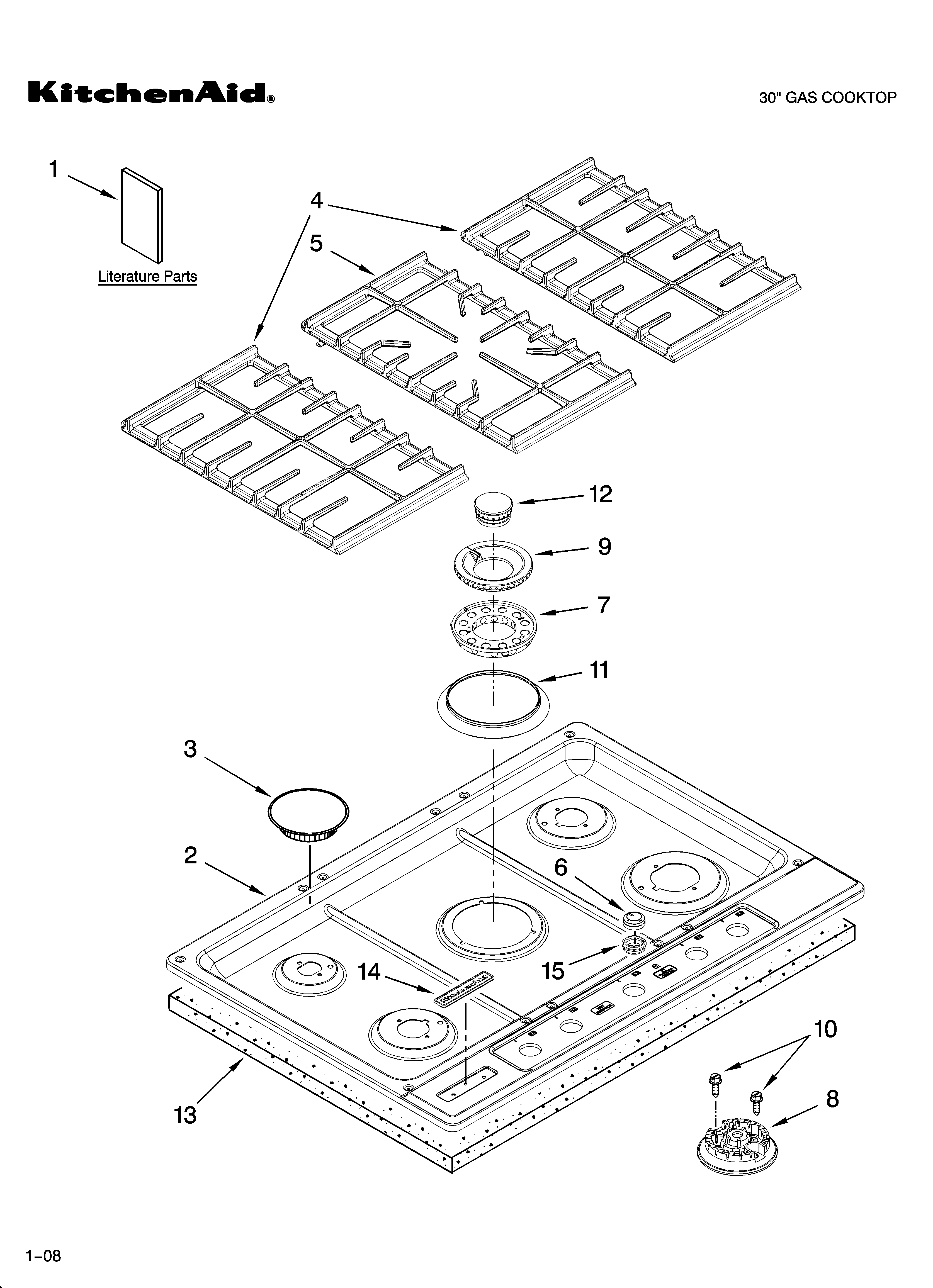 KitchenAid KFGU706VSS00 cooktop, burner and grate parts diagram