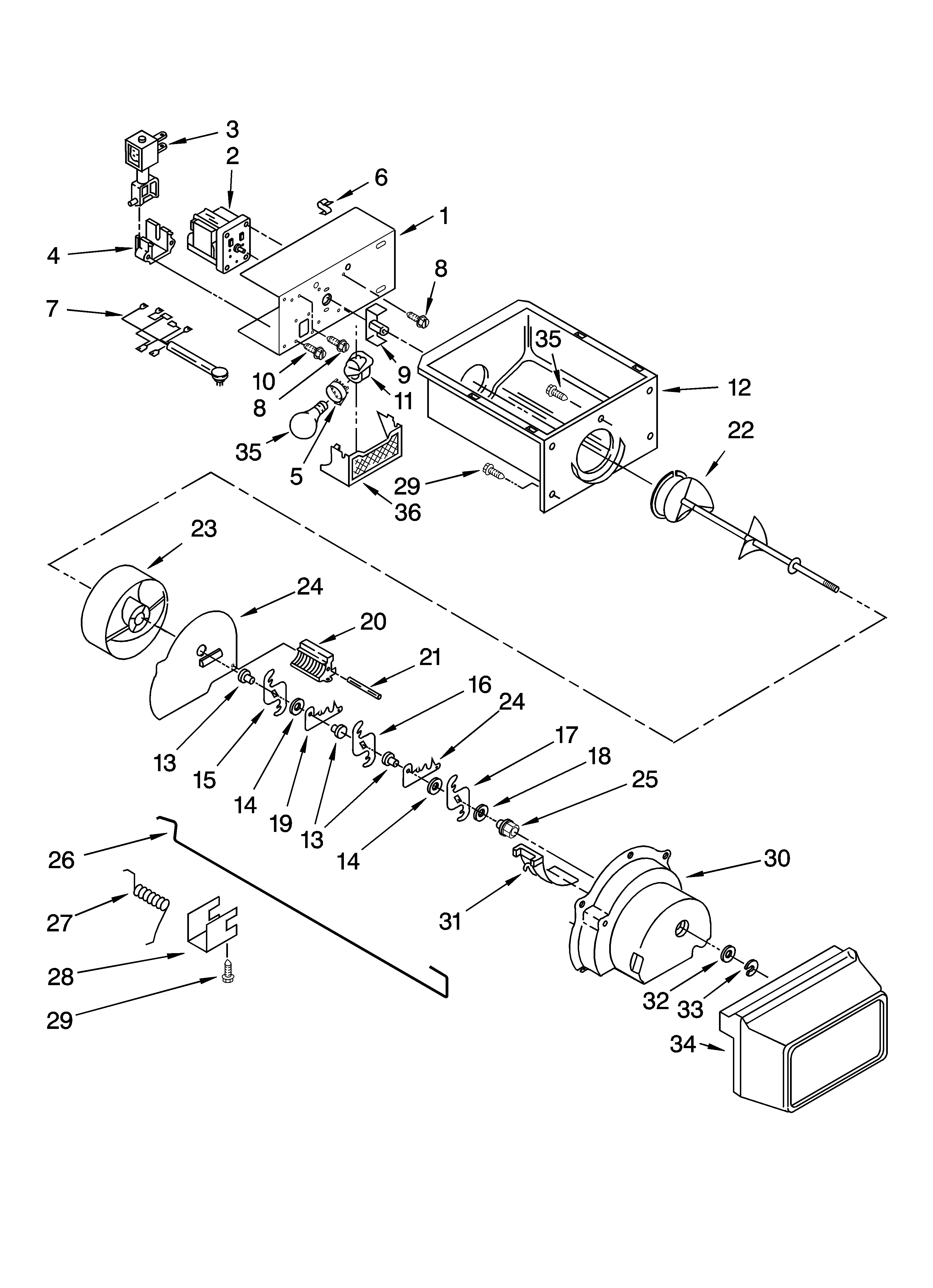 Whirlpool 6ED2FHGXSQ02 motor and ice container parts diagram