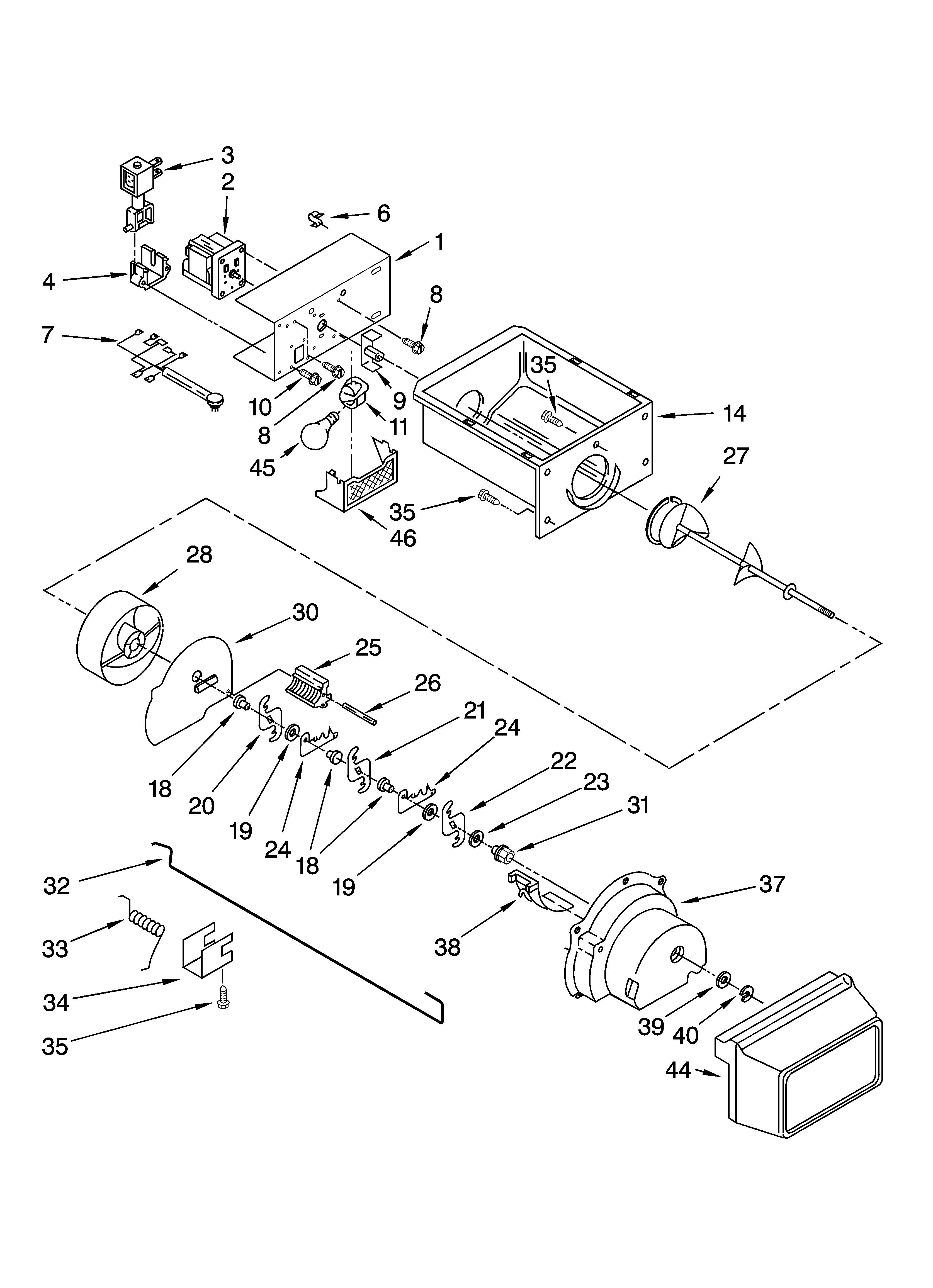Whirlpool ED5FHEXST03 motor and ice container parts diagram