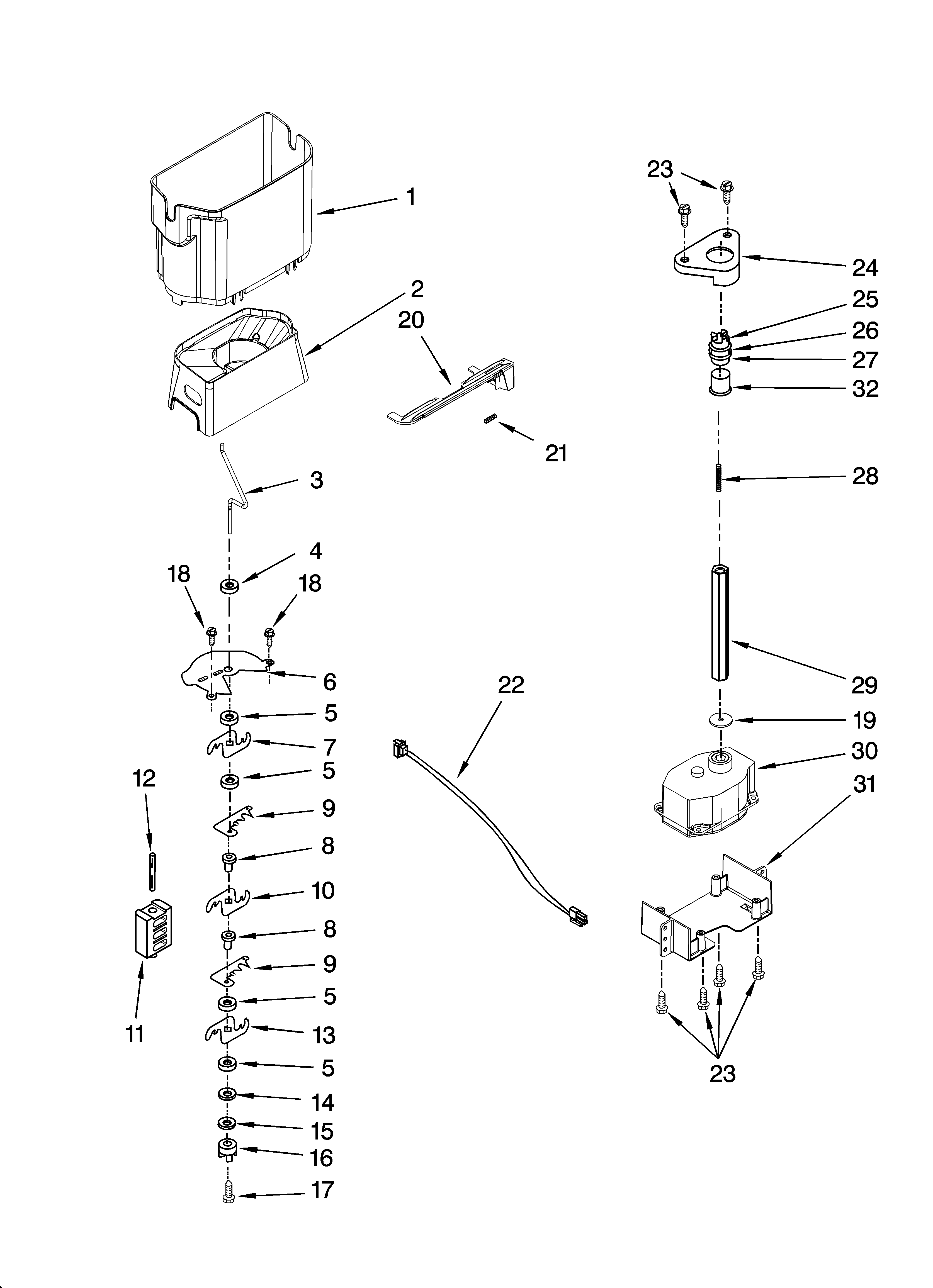 KitchenAid KSCS25FTWH01 motor and ice container parts diagram