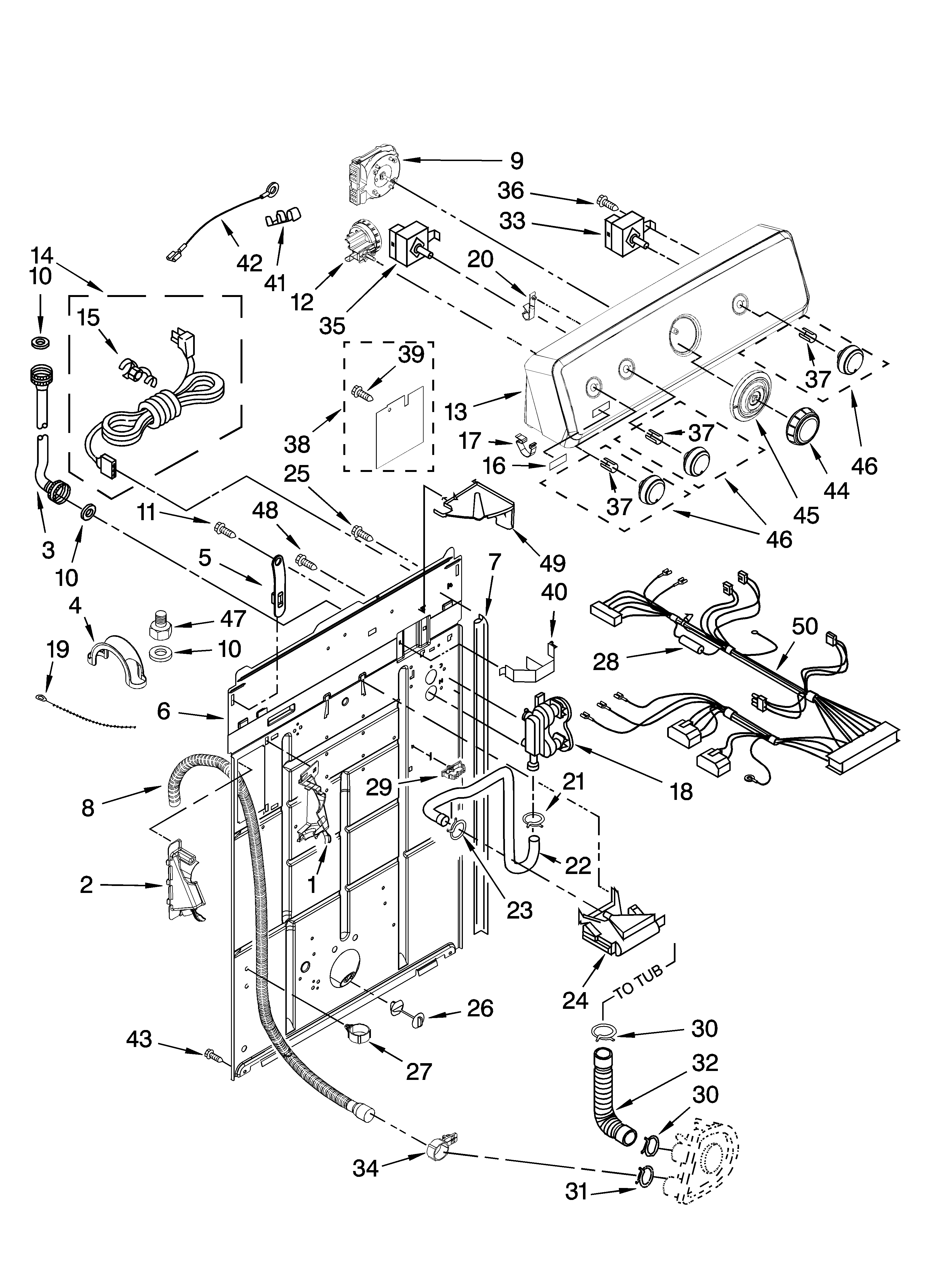Maytag 3UMTW5755TW0 controls and rear panel parts diagram
