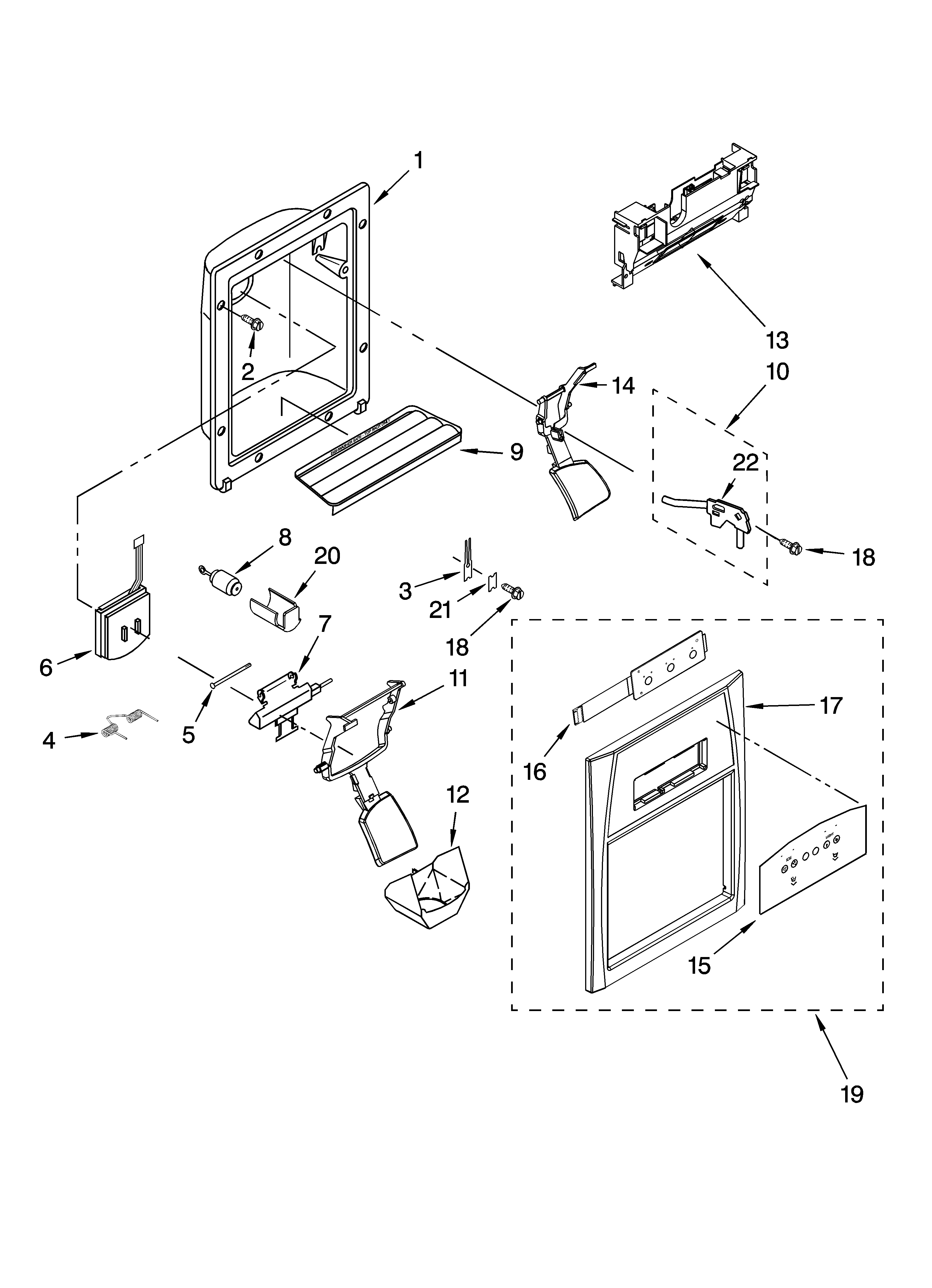 Whirlpool 7GS2FHAXTA02 dispenser front parts diagram