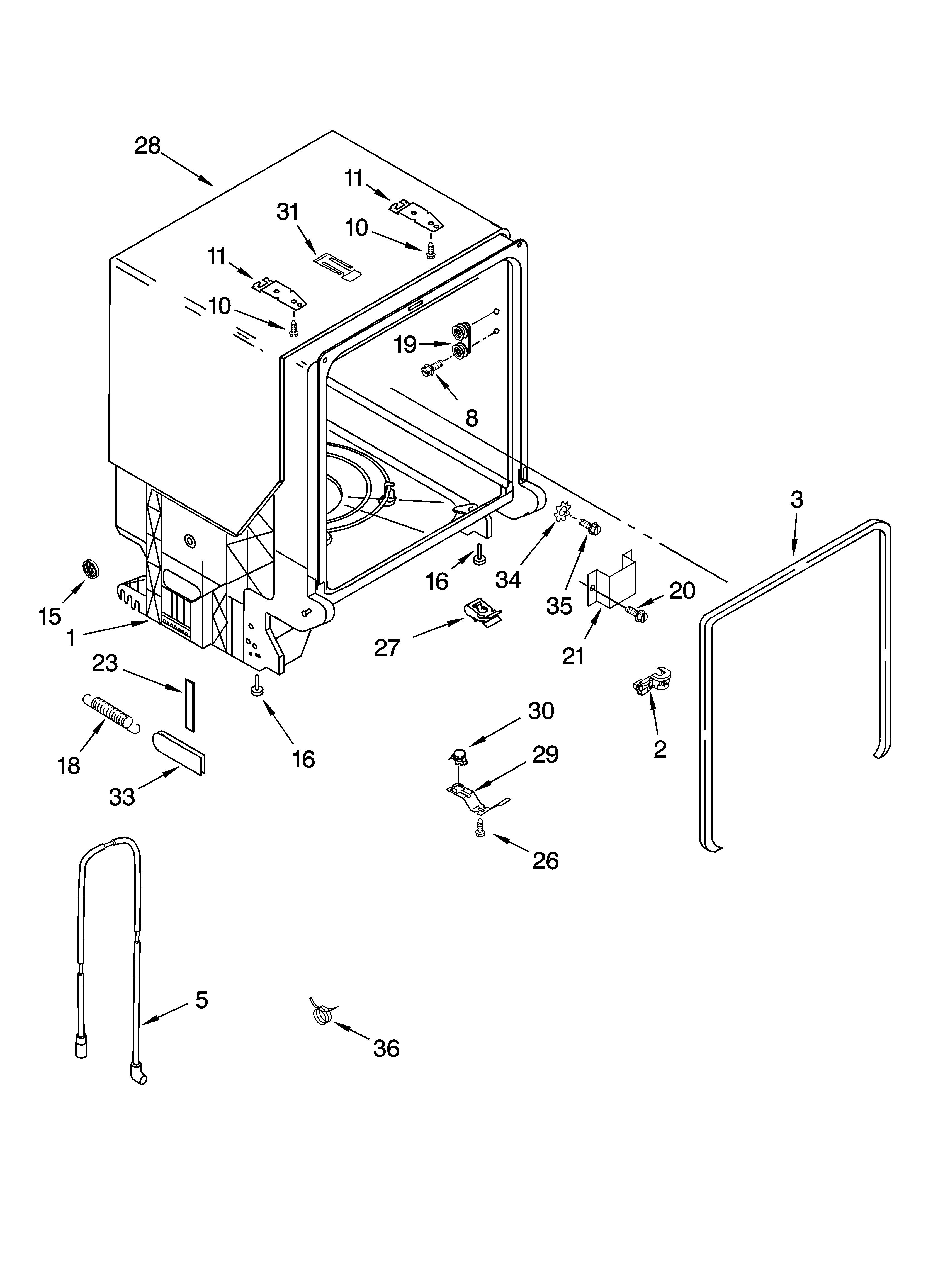Whirlpool DU1055XTSQ3 tub and frame parts diagram