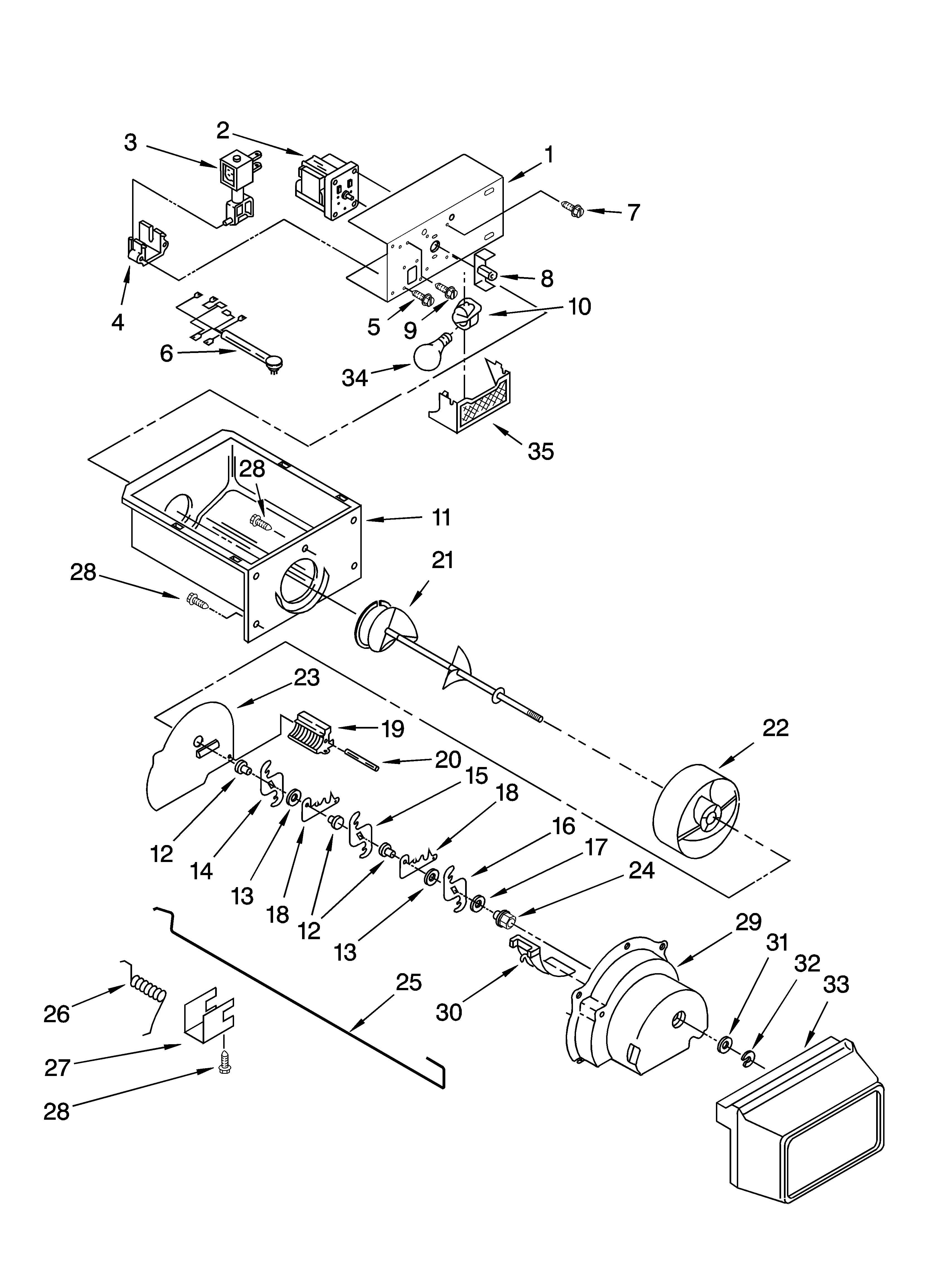 Whirlpool ED2FHEXVB00 motor and ice container parts diagram