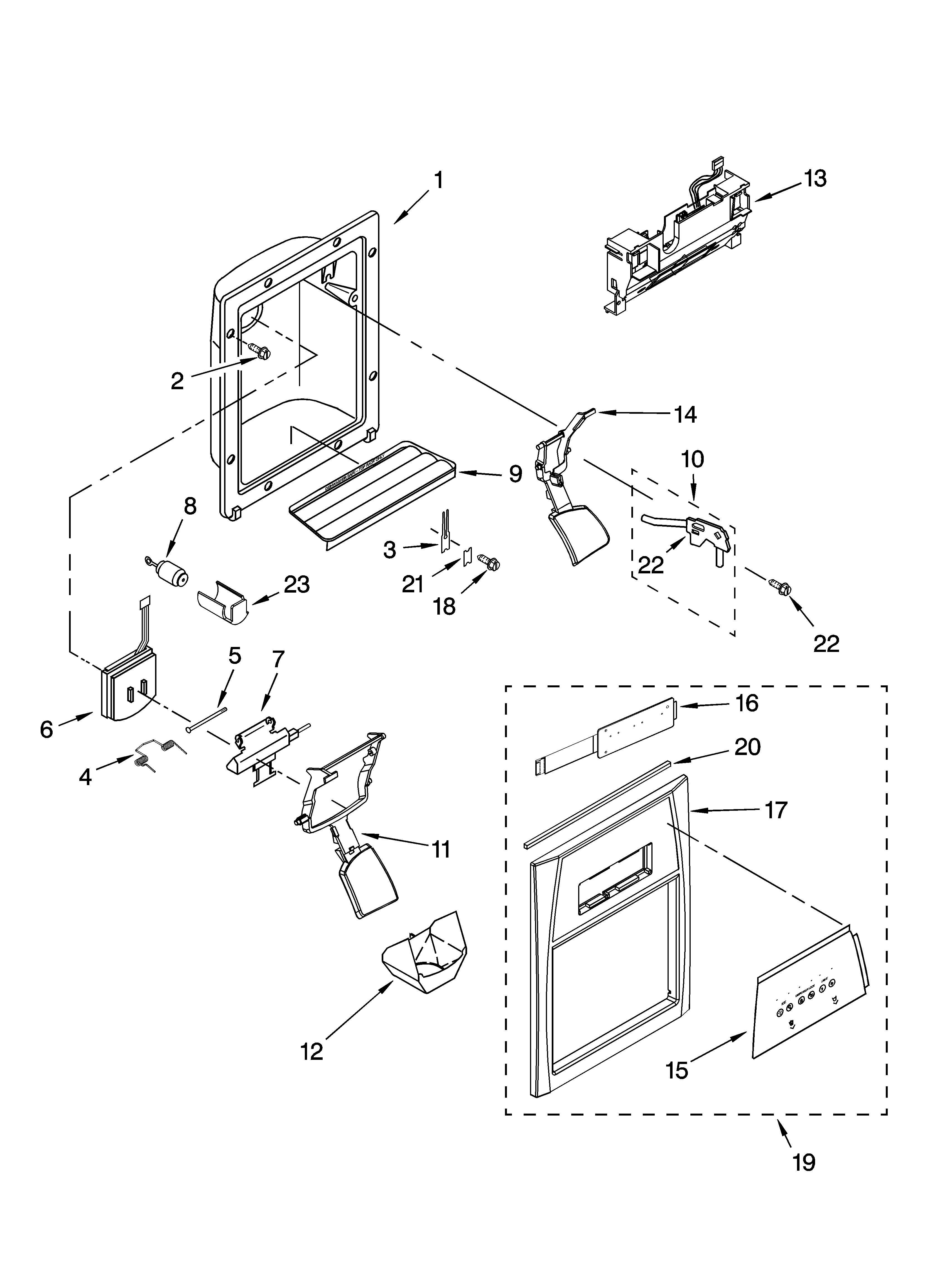 Whirlpool GD5YHAXTQ02 dispenser front parts diagram
