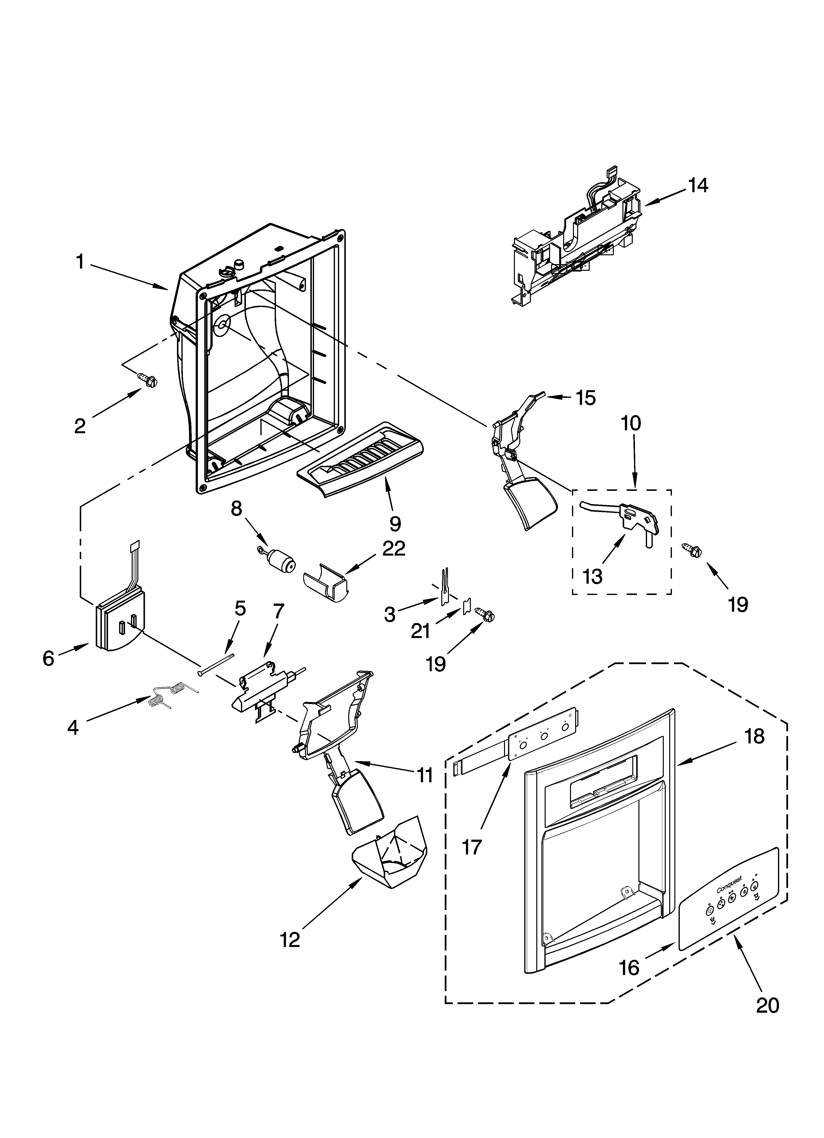 Whirlpool GS2SHAXSQ03 dispenser front parts diagram