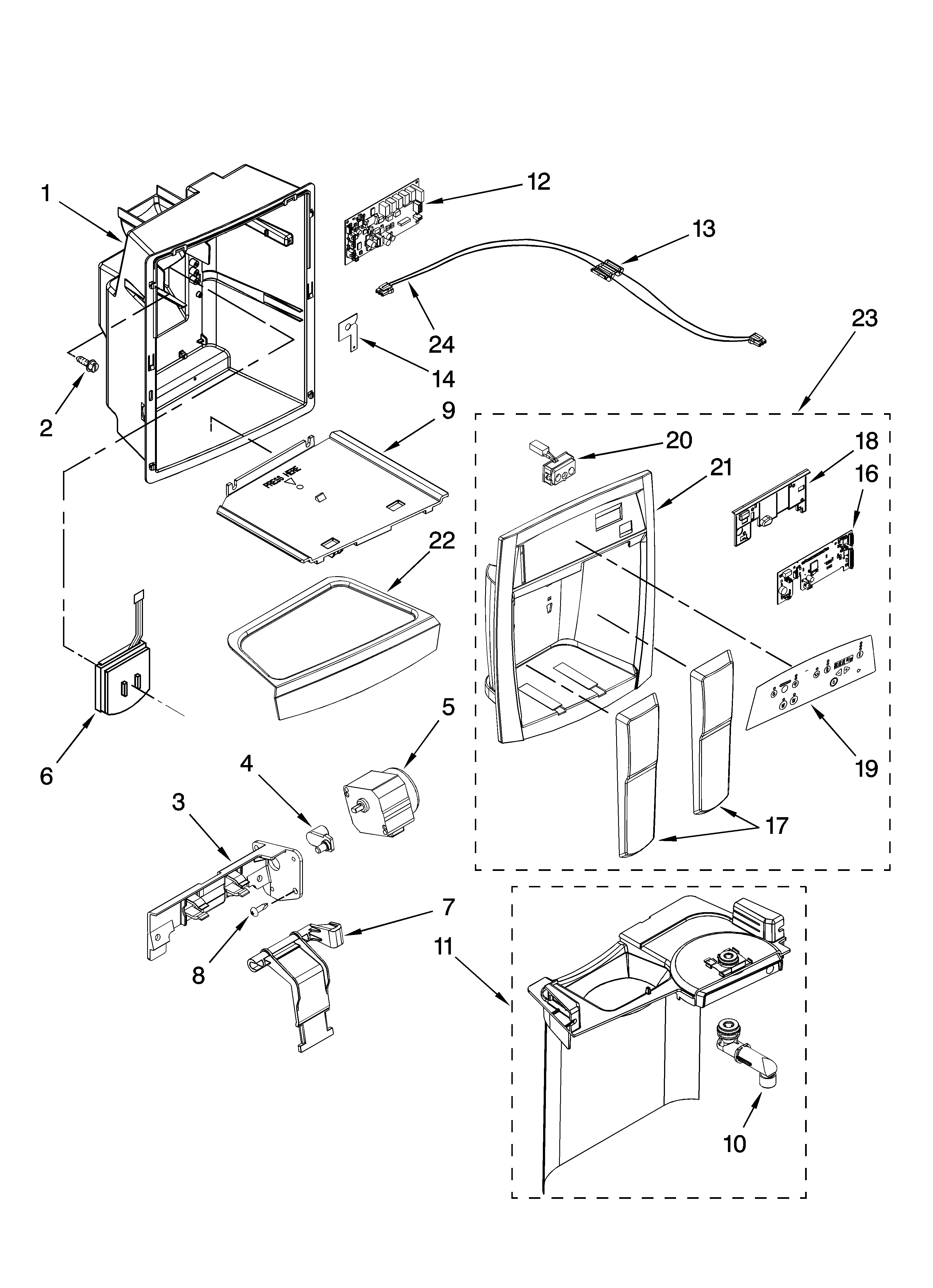 Whirlpool GS6NBEXRQ03 dispenser front parts diagram