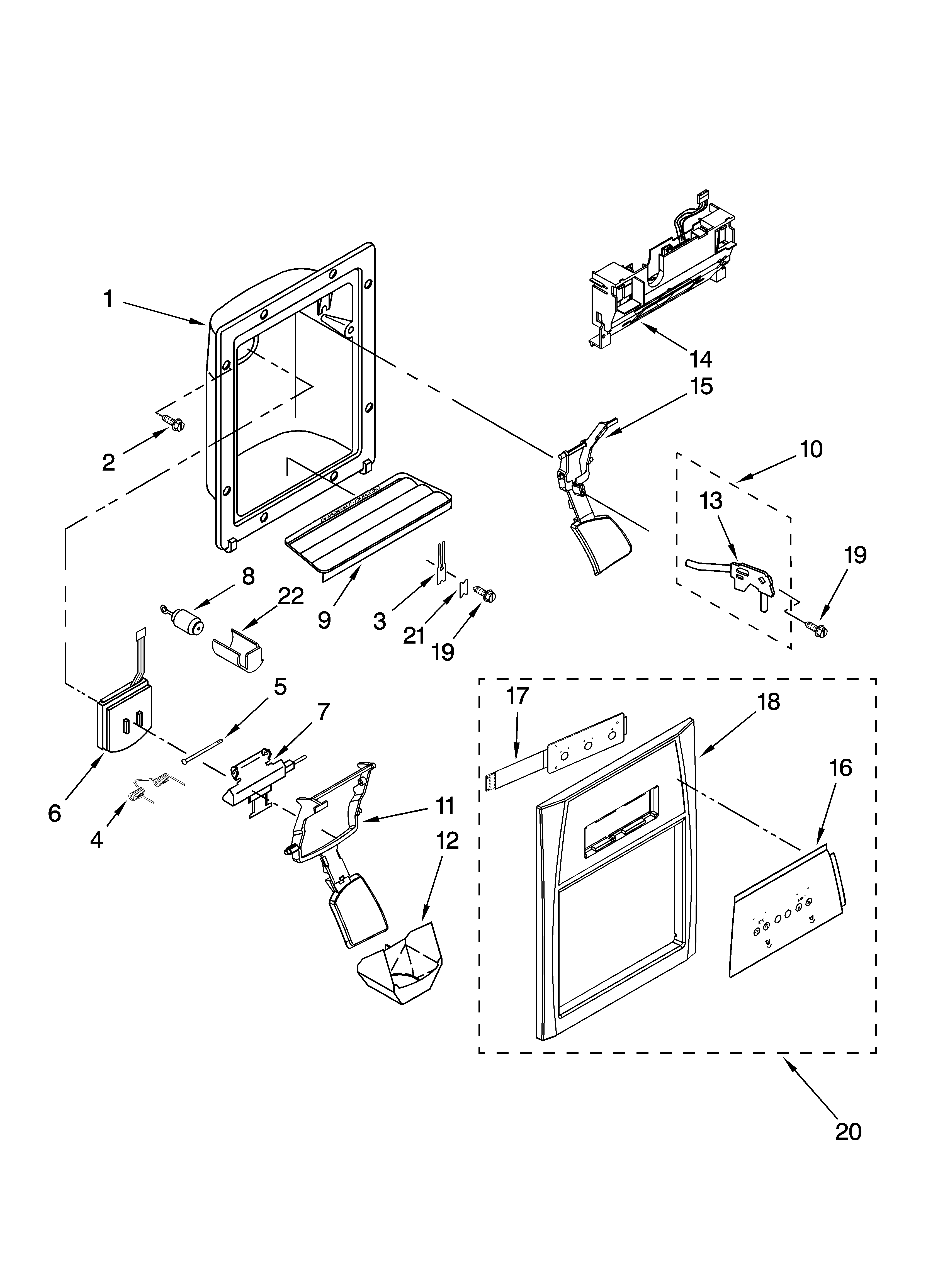 Whirlpool GS6SHEXNS05 dispenser front parts diagram