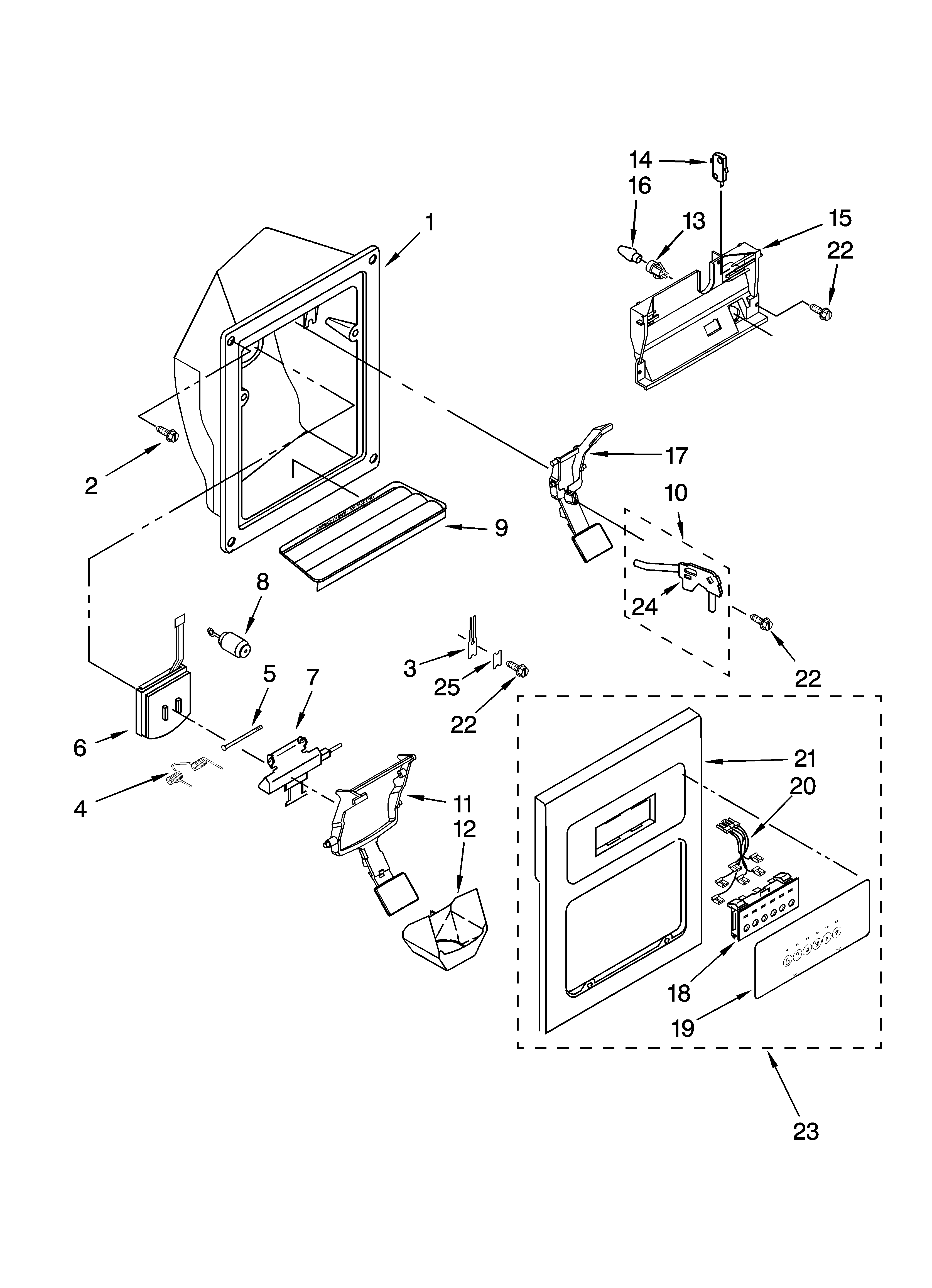 KitchenAid KSRG22FTWH02 dispenser front parts diagram