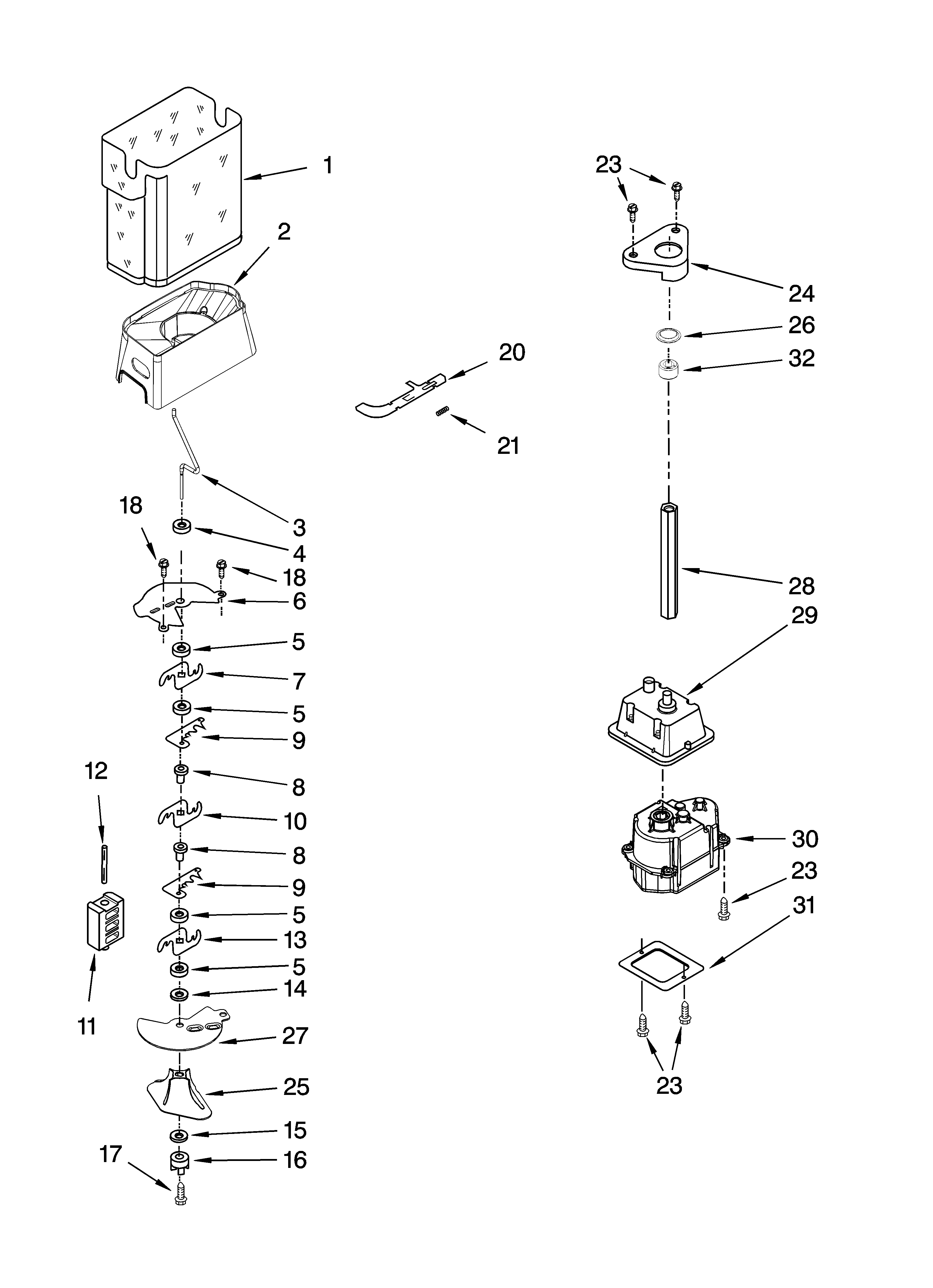 KitchenAid KSRG25FTST02 motor and ice container parts diagram