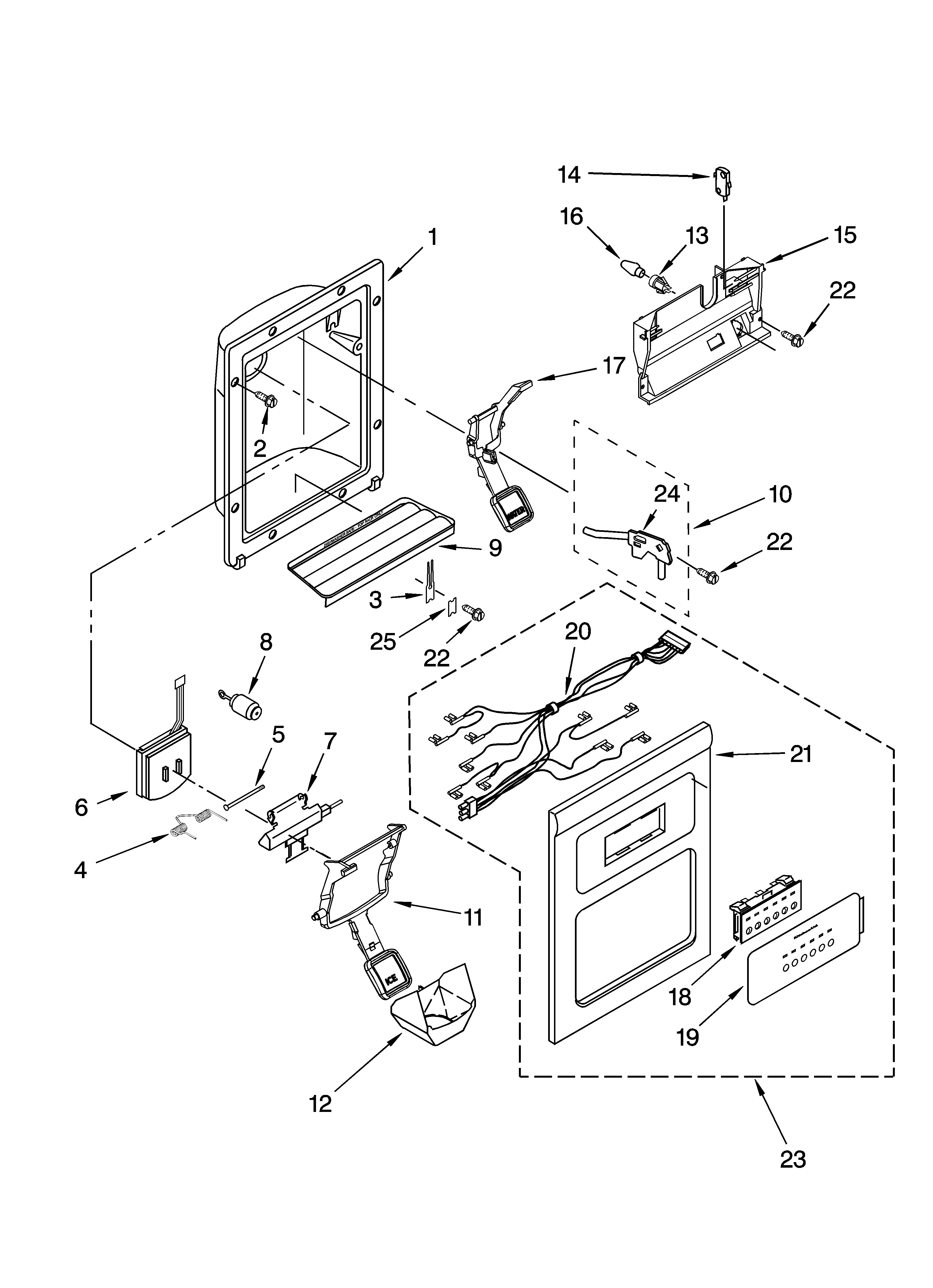 KitchenAid KSRG25FTST02 dispenser front parts diagram