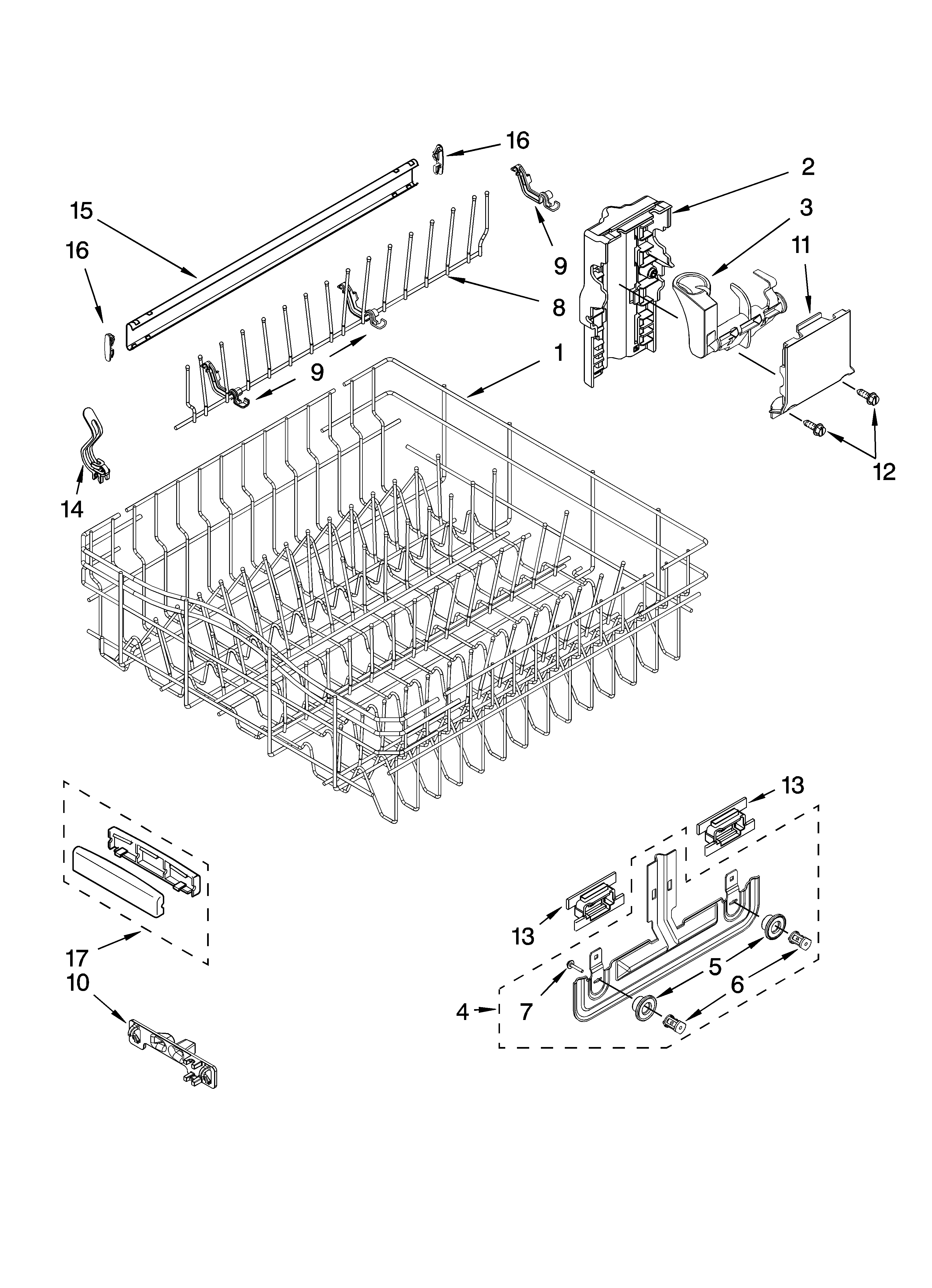 KitchenAid KUDA03CTBS3 upper rack and track parts diagram