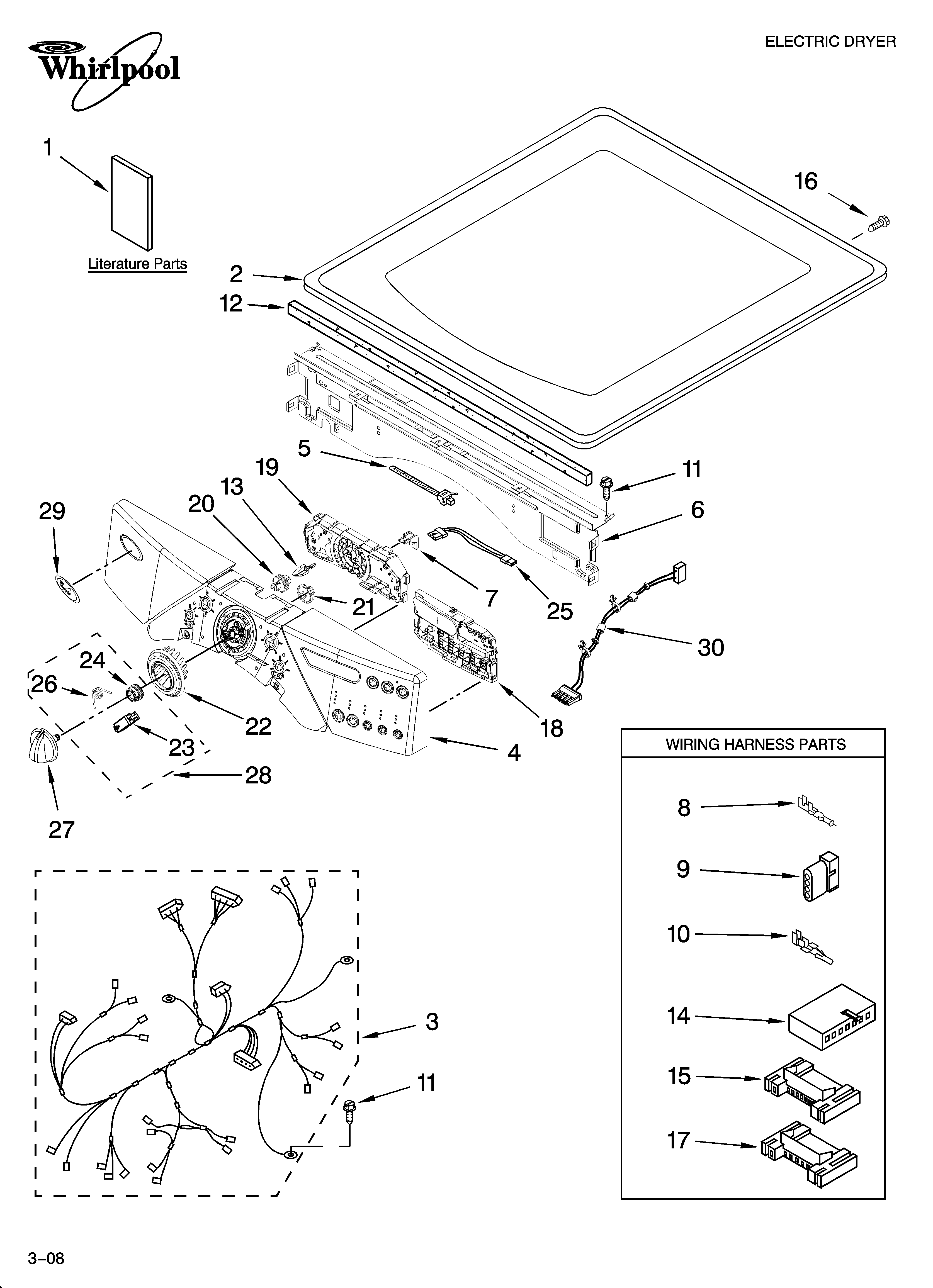 Whirlpool WED9500TC1 top and console parts diagram