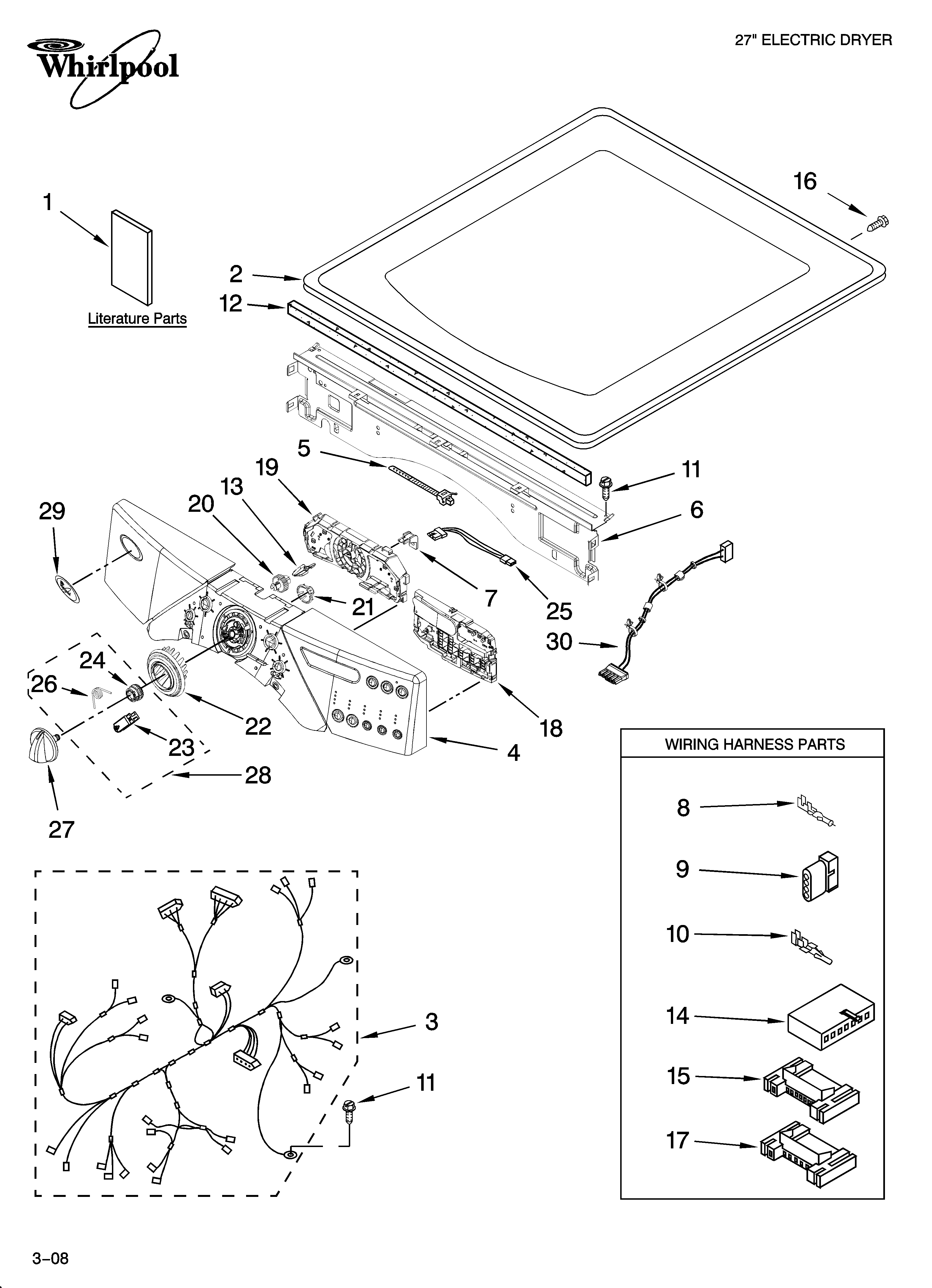 Whirlpool WED9600TW1 top and console parts diagram
