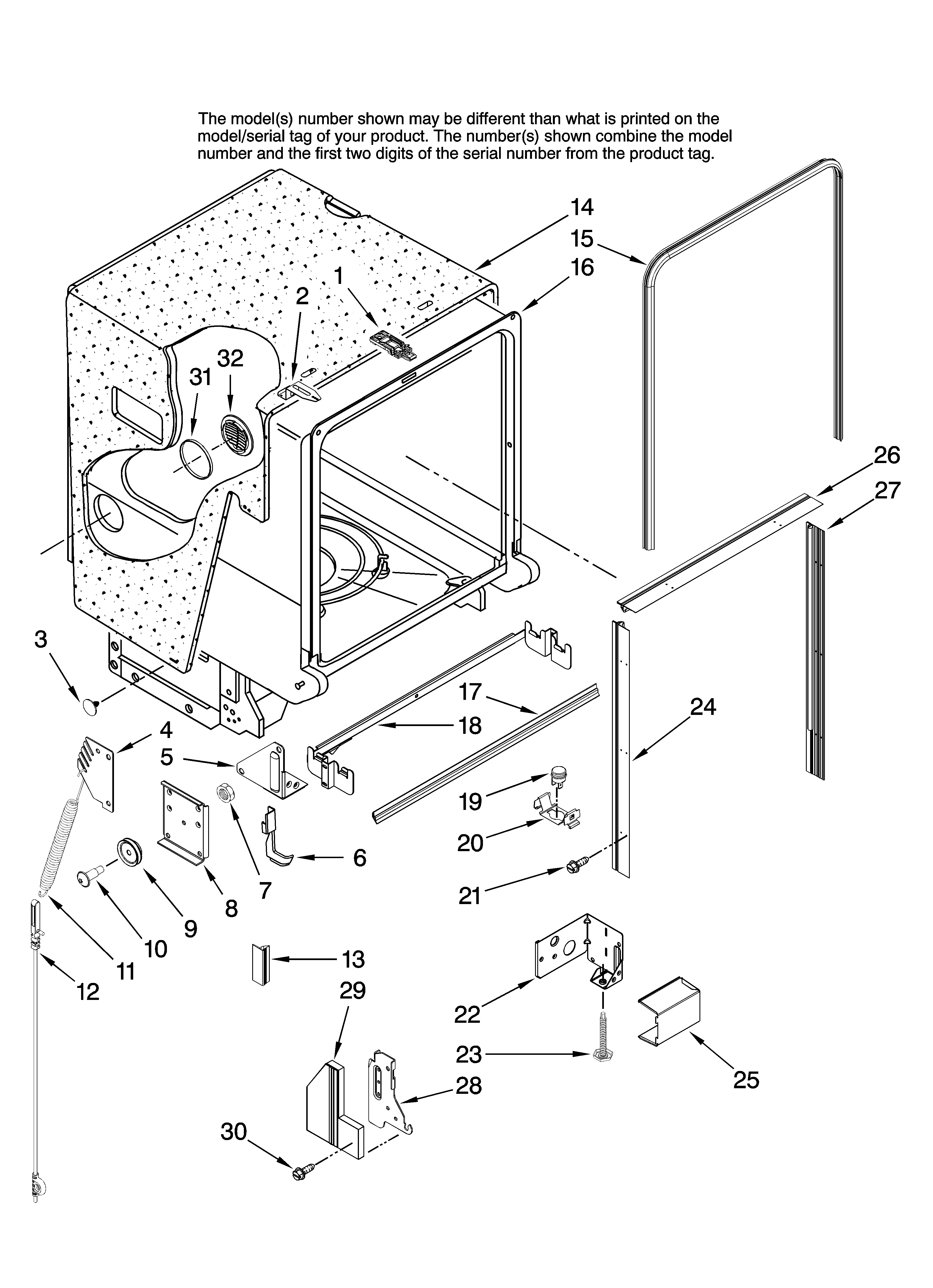 Jenn-Air JDB1255AWR10 tub and frame parts diagram
