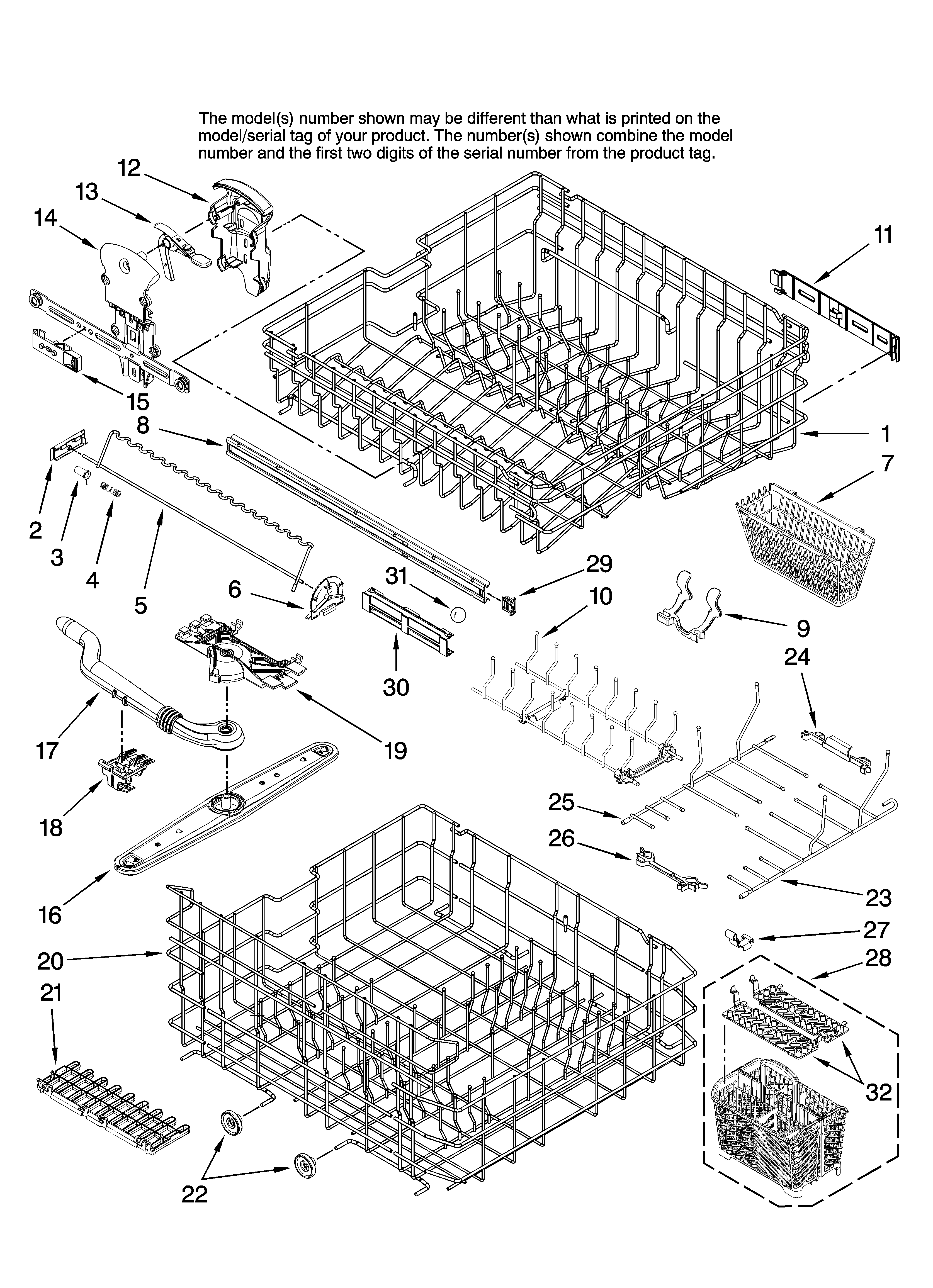 Jenn-Air JDB1255AWR10 upper and lower rack parts diagram