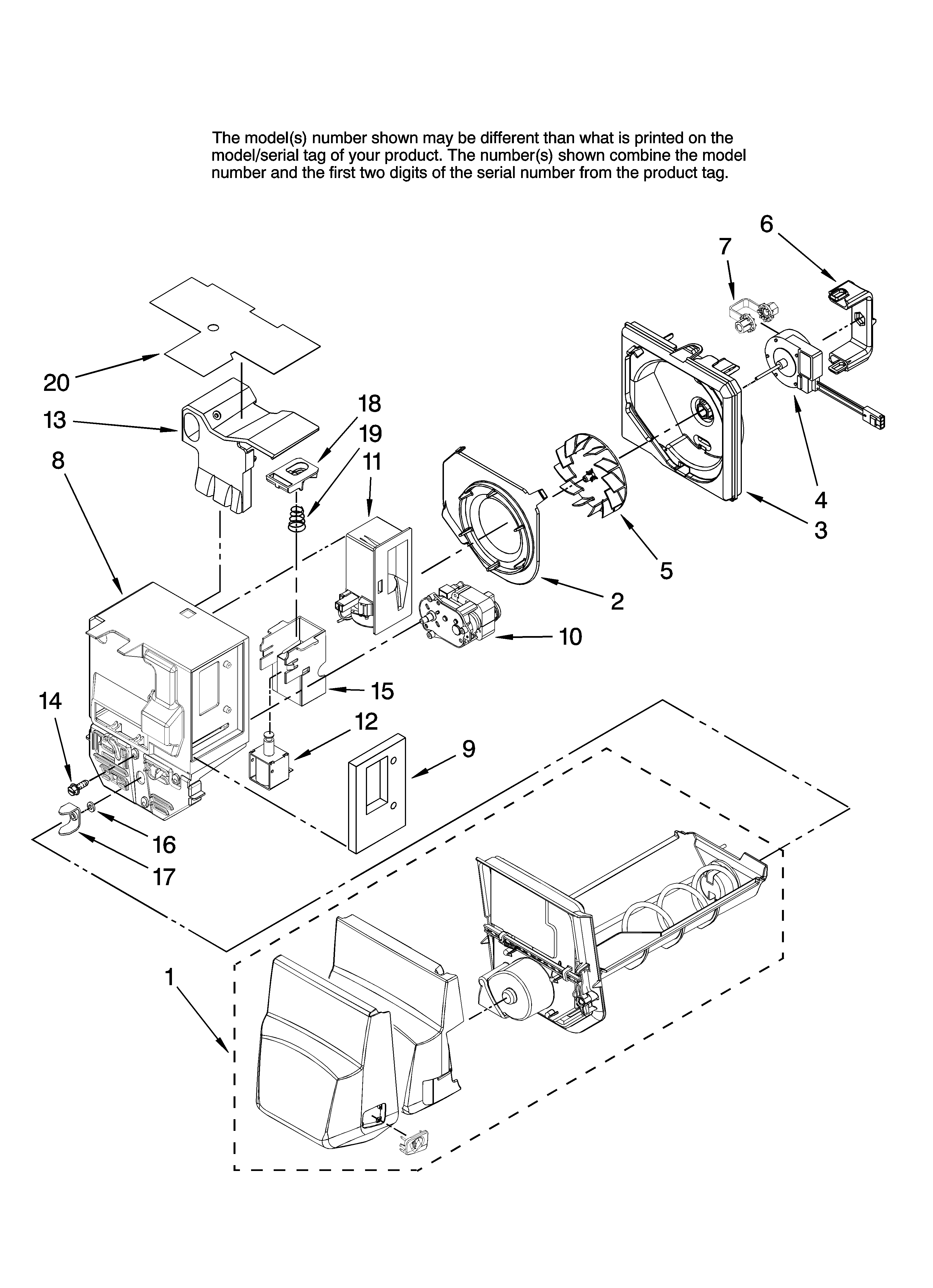 Maytag MFI2569VEB0 motor and ice container parts diagram