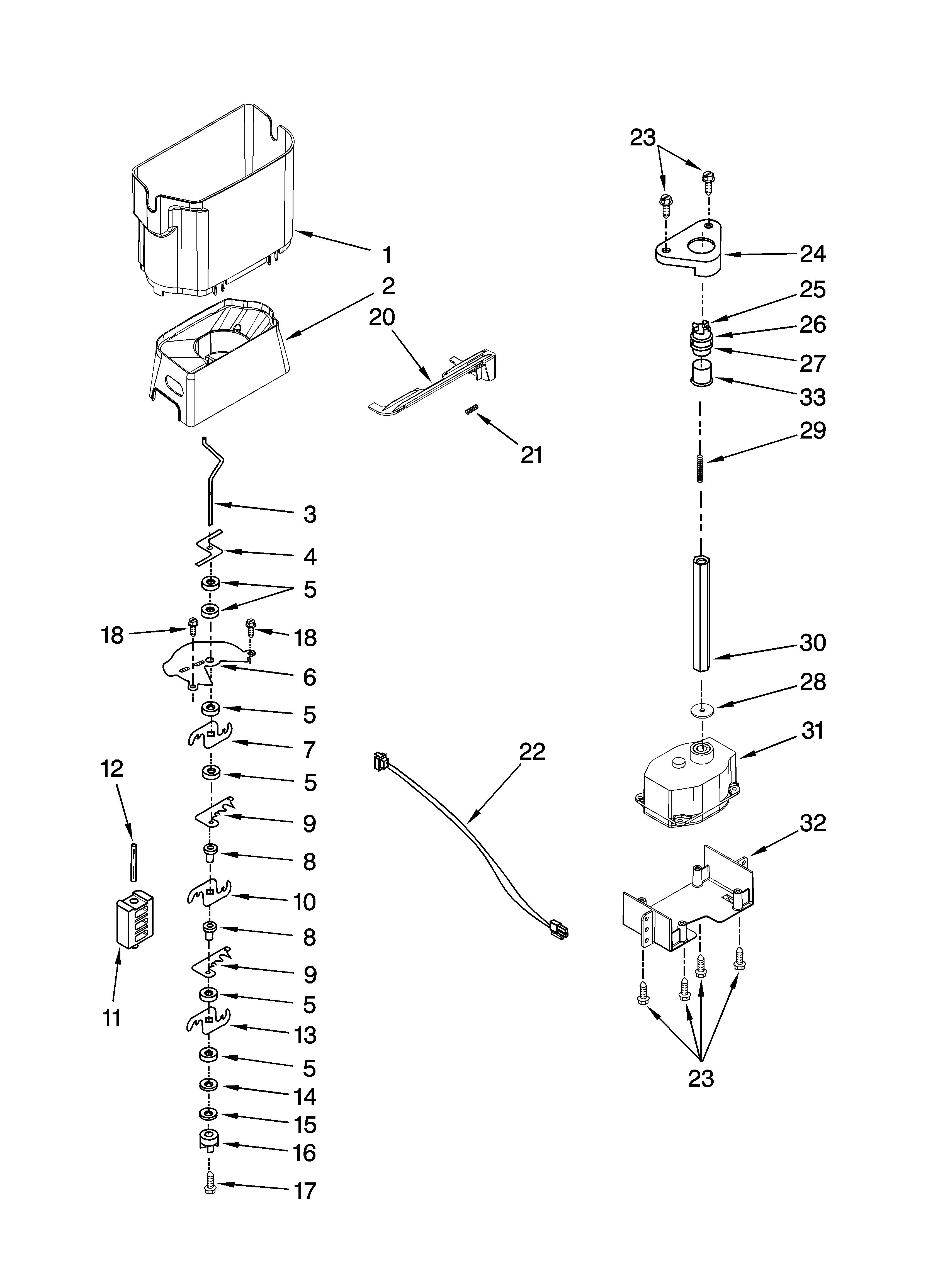 KitchenAid KSCS23FVSS00 motor and ice container parts diagram