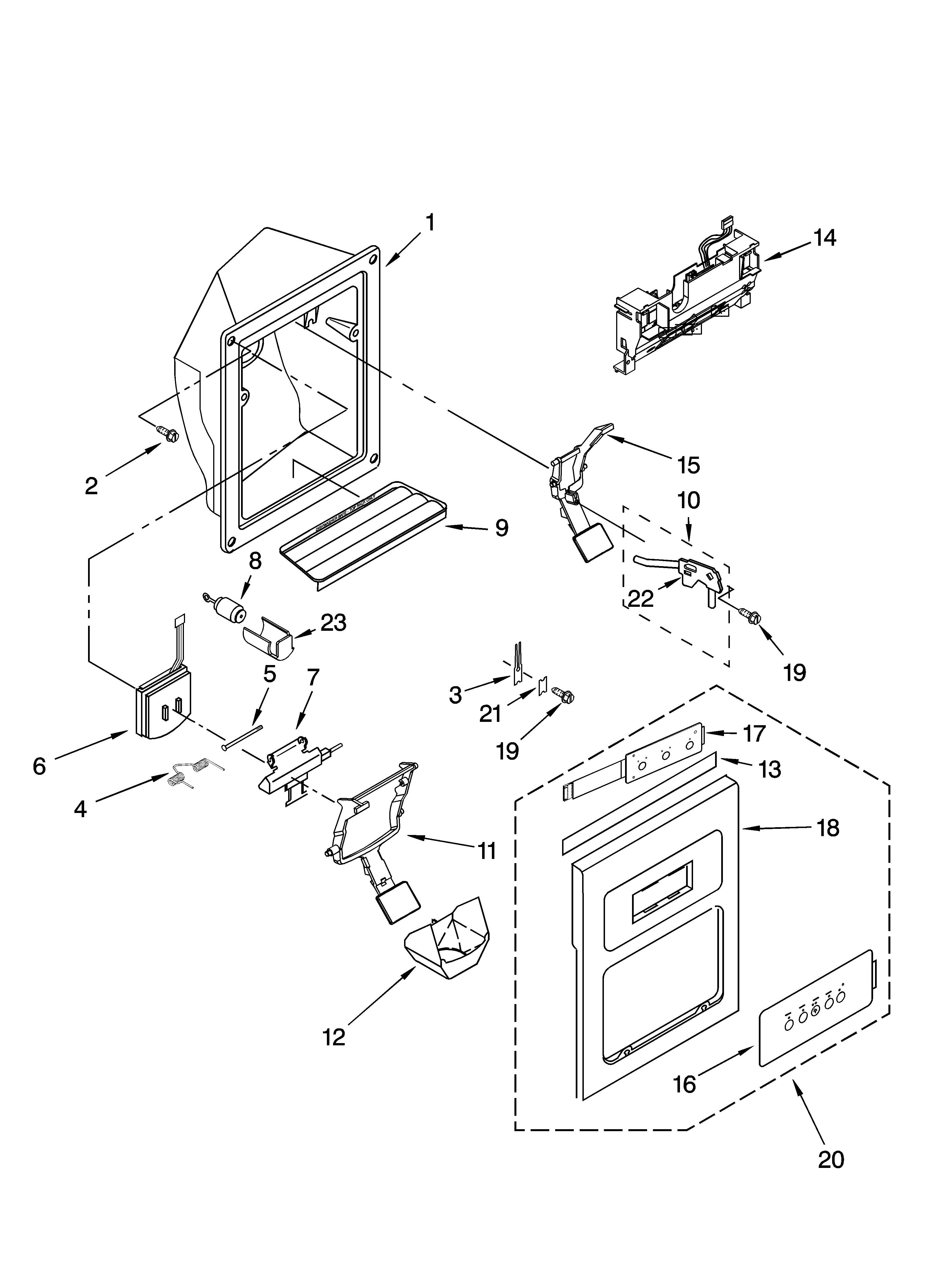 KitchenAid KSRP22FTSS02 dispenser front parts diagram