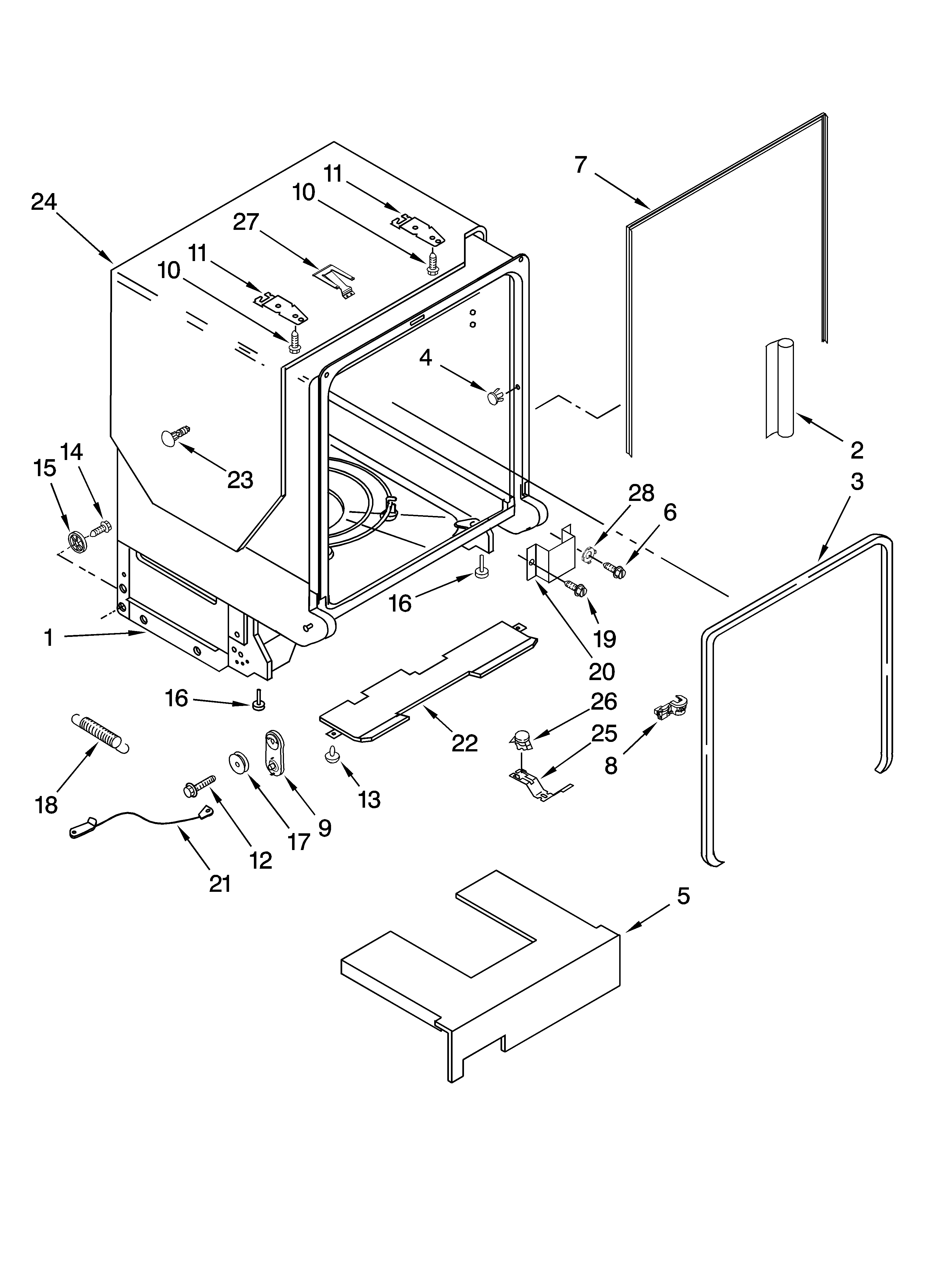 KitchenAid KUDE03FTBL1 tub and frame parts diagram