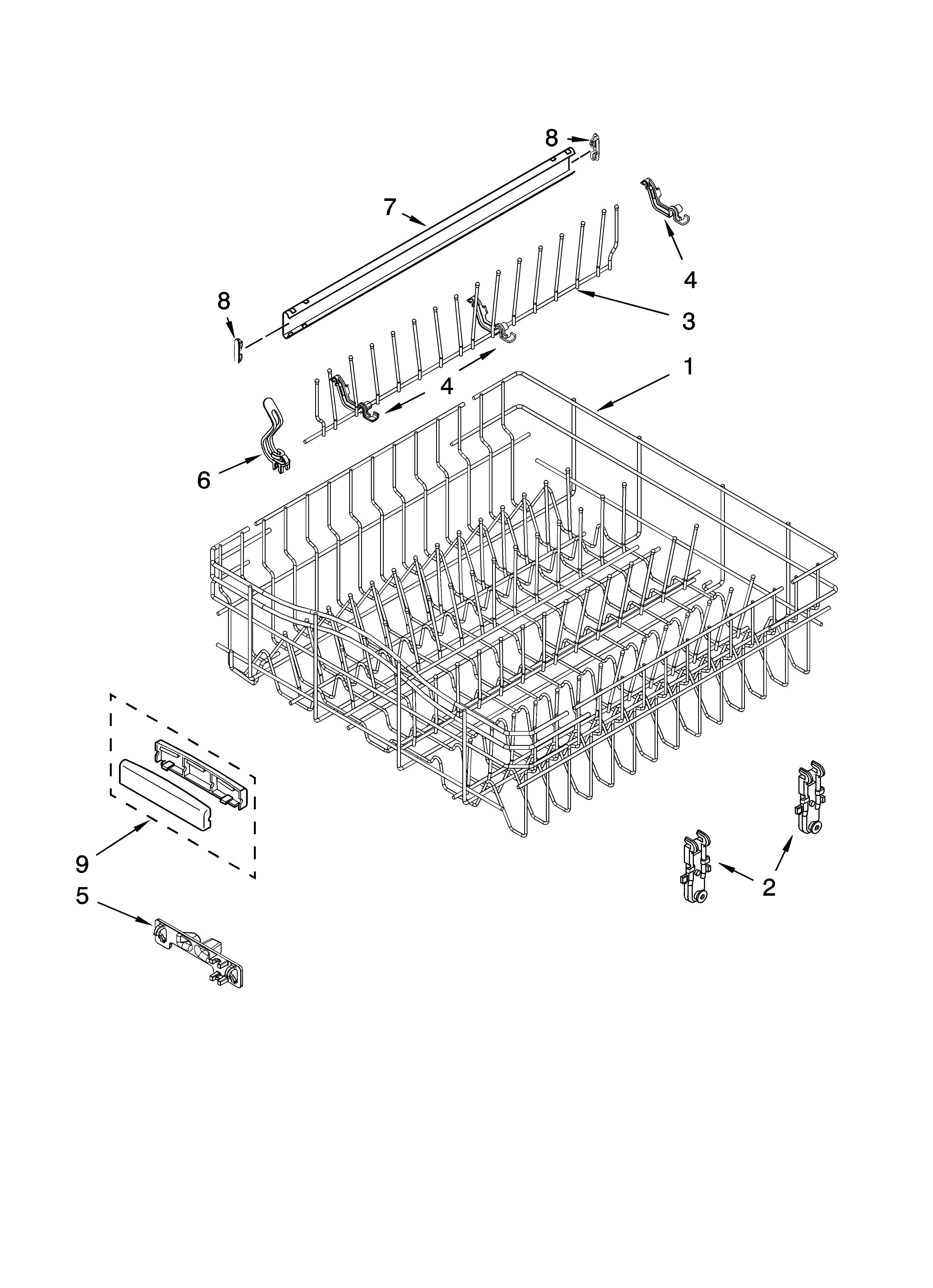 KitchenAid KUDK03CTBL3 upper rack and track parts diagram