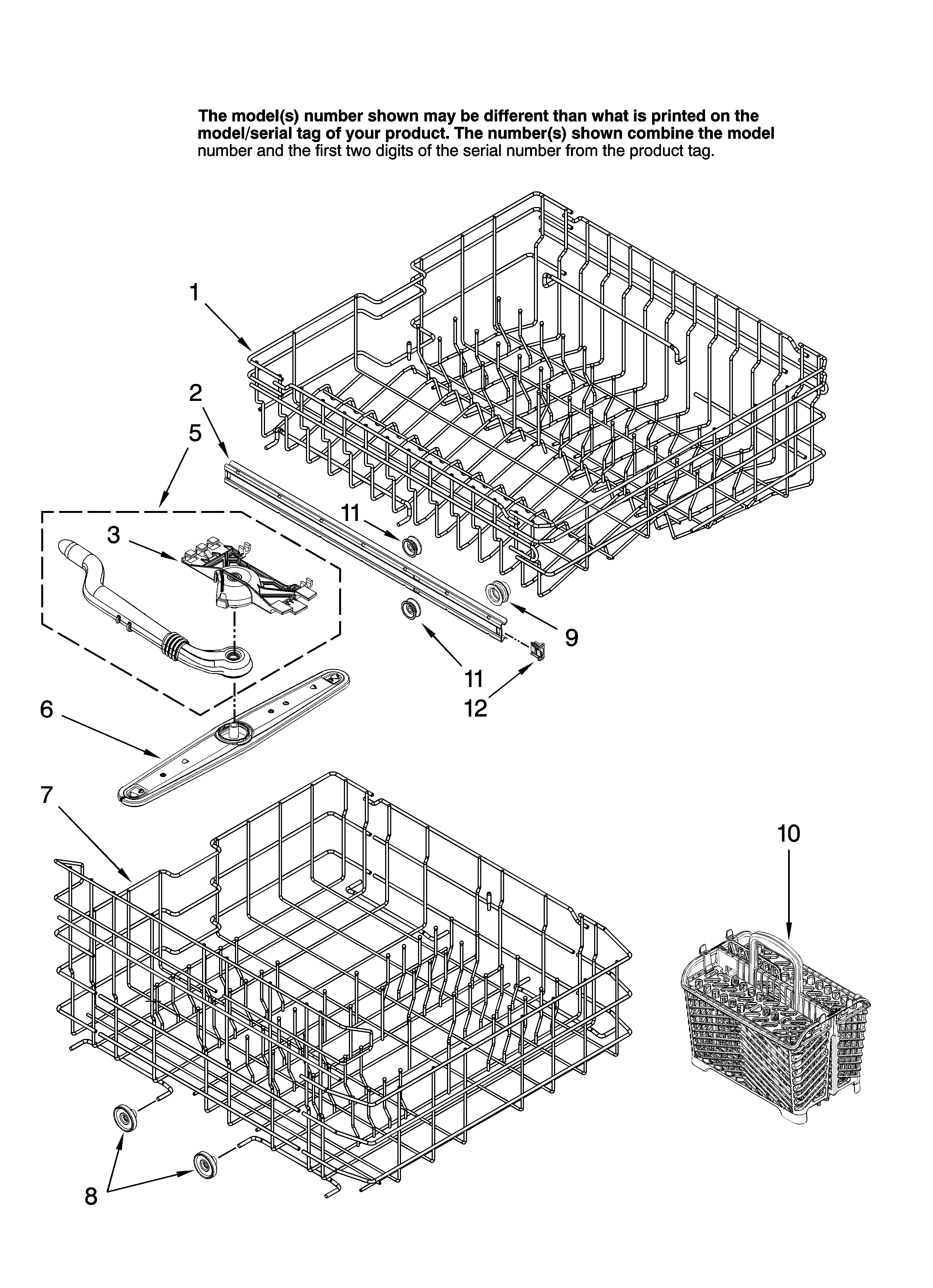 Amana ADB2500AWS37 upper and lower rack parts diagram