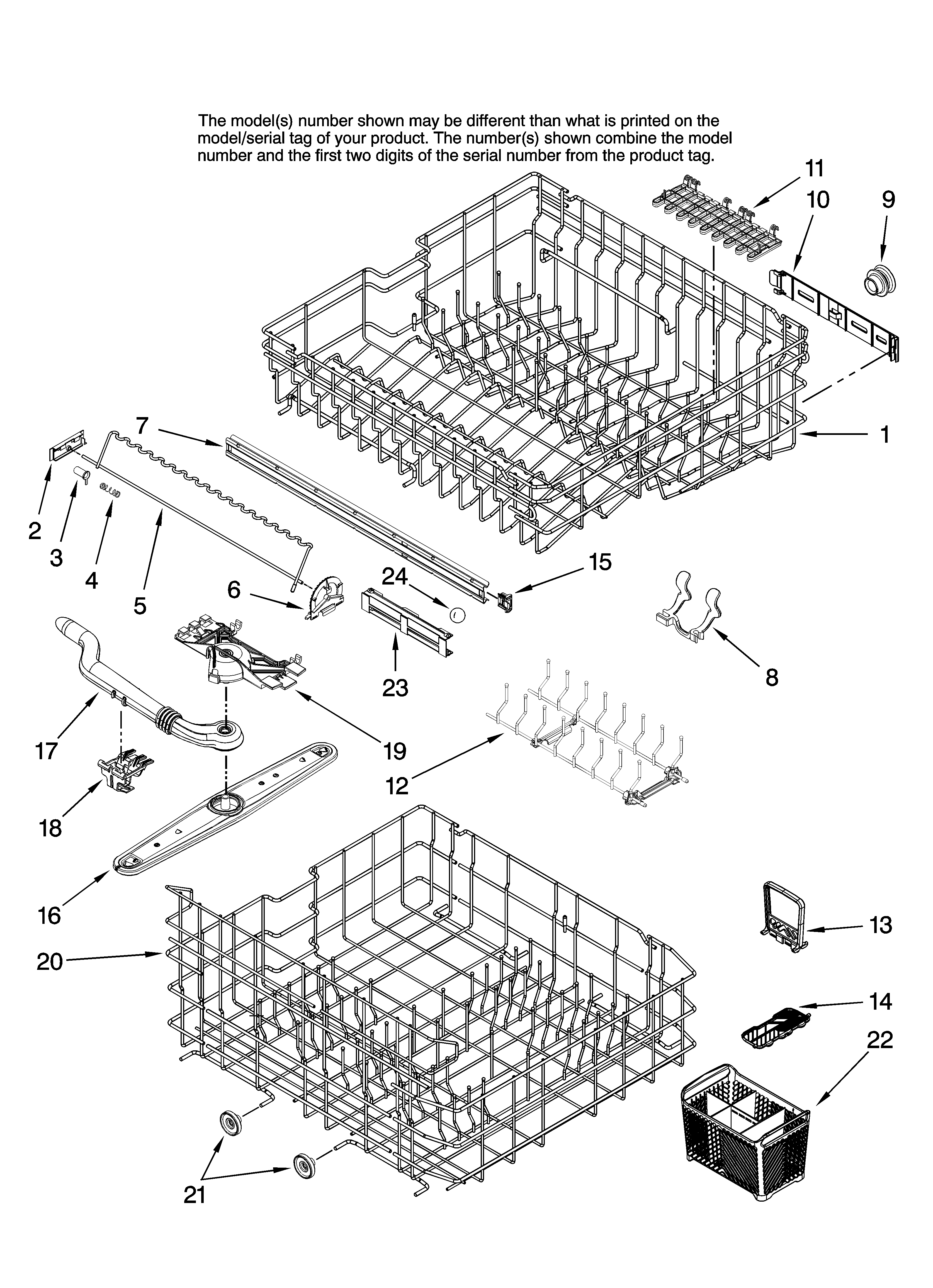 Jenn-Air JDB1095AWB10 upper and lower rack parts diagram