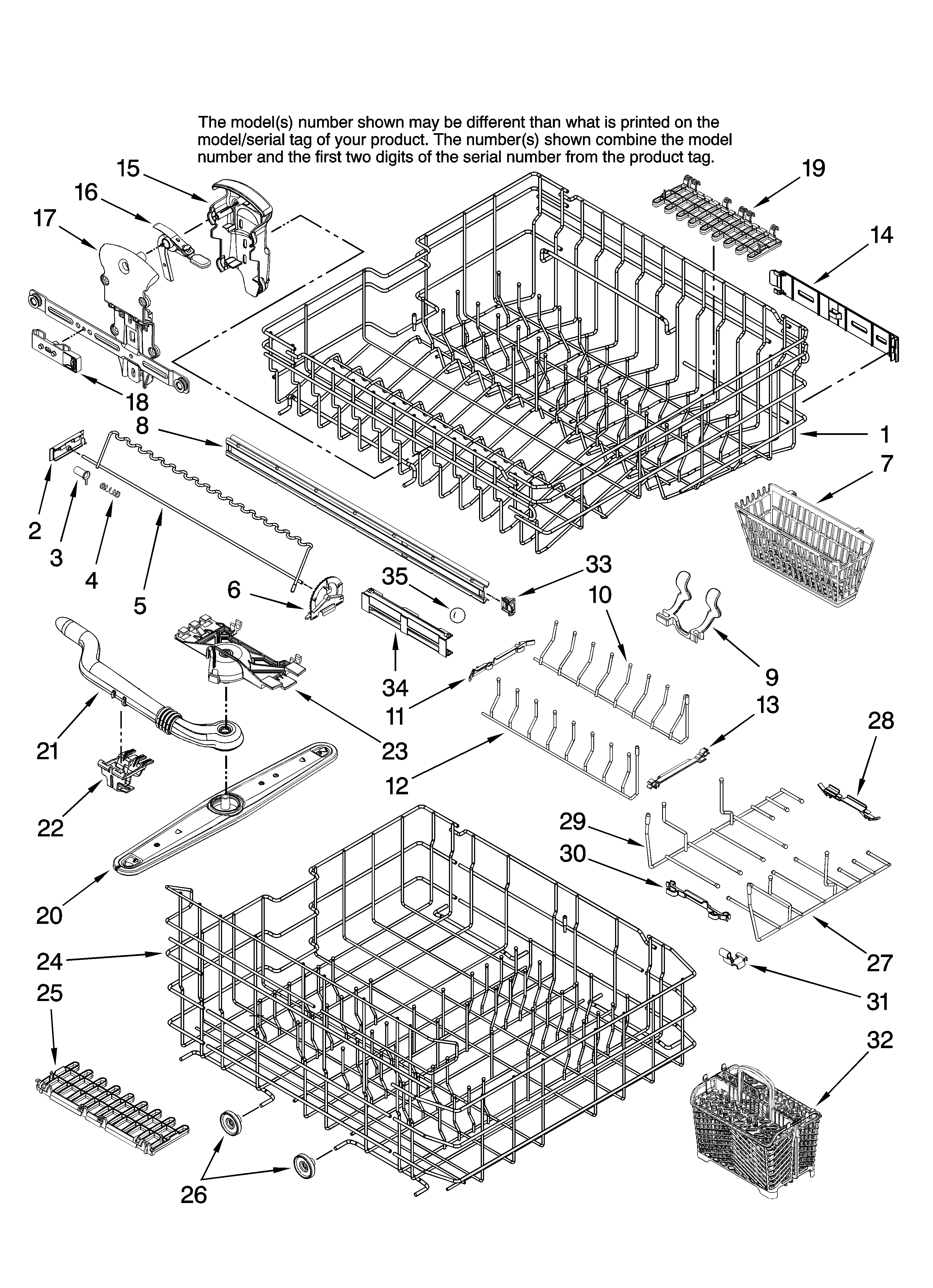 Jenn-Air JDB1250AWB10 upper and lower rack parts diagram