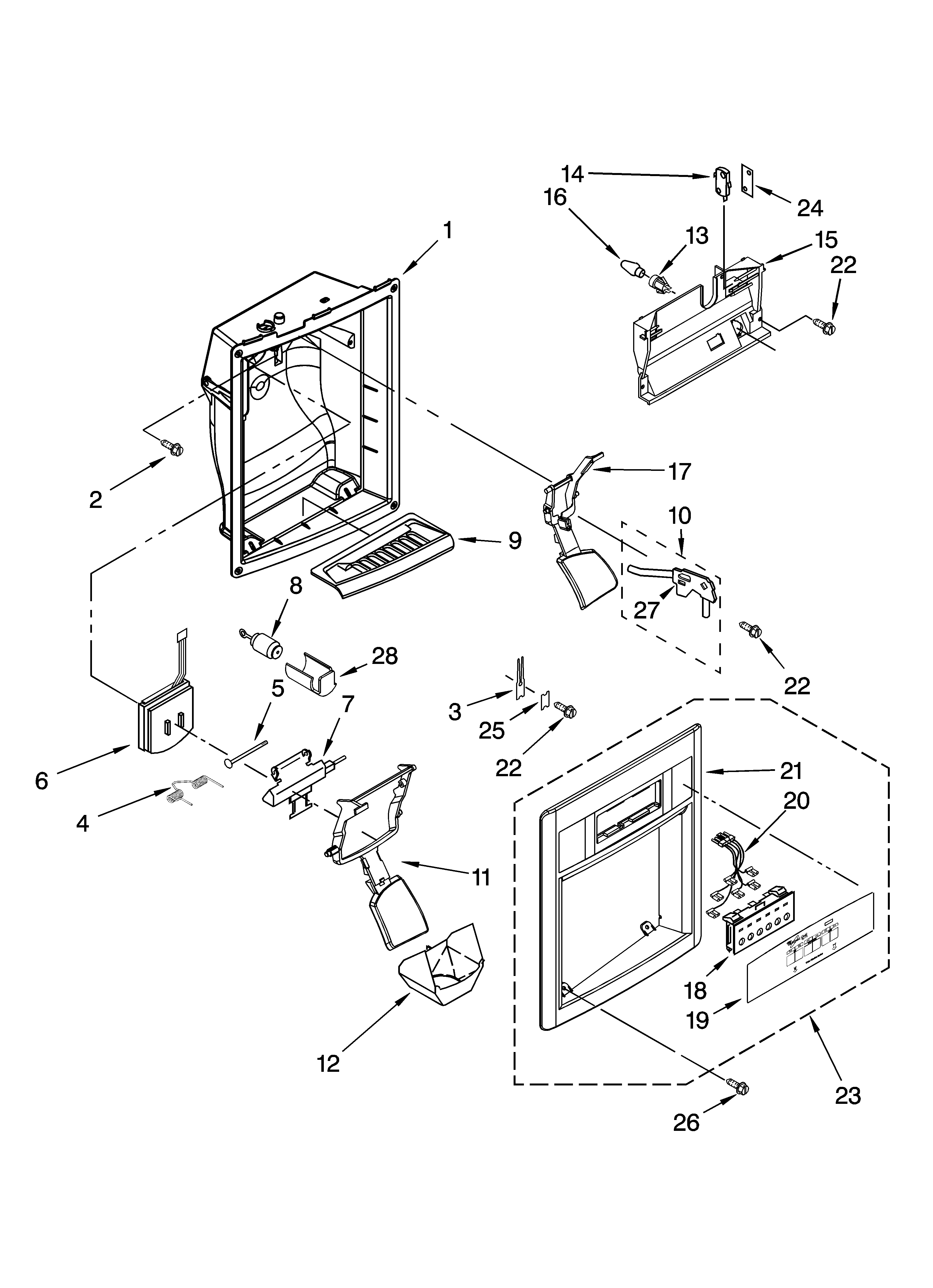 Whirlpool 5VGS3SHGKQ06 dispenser front parts diagram