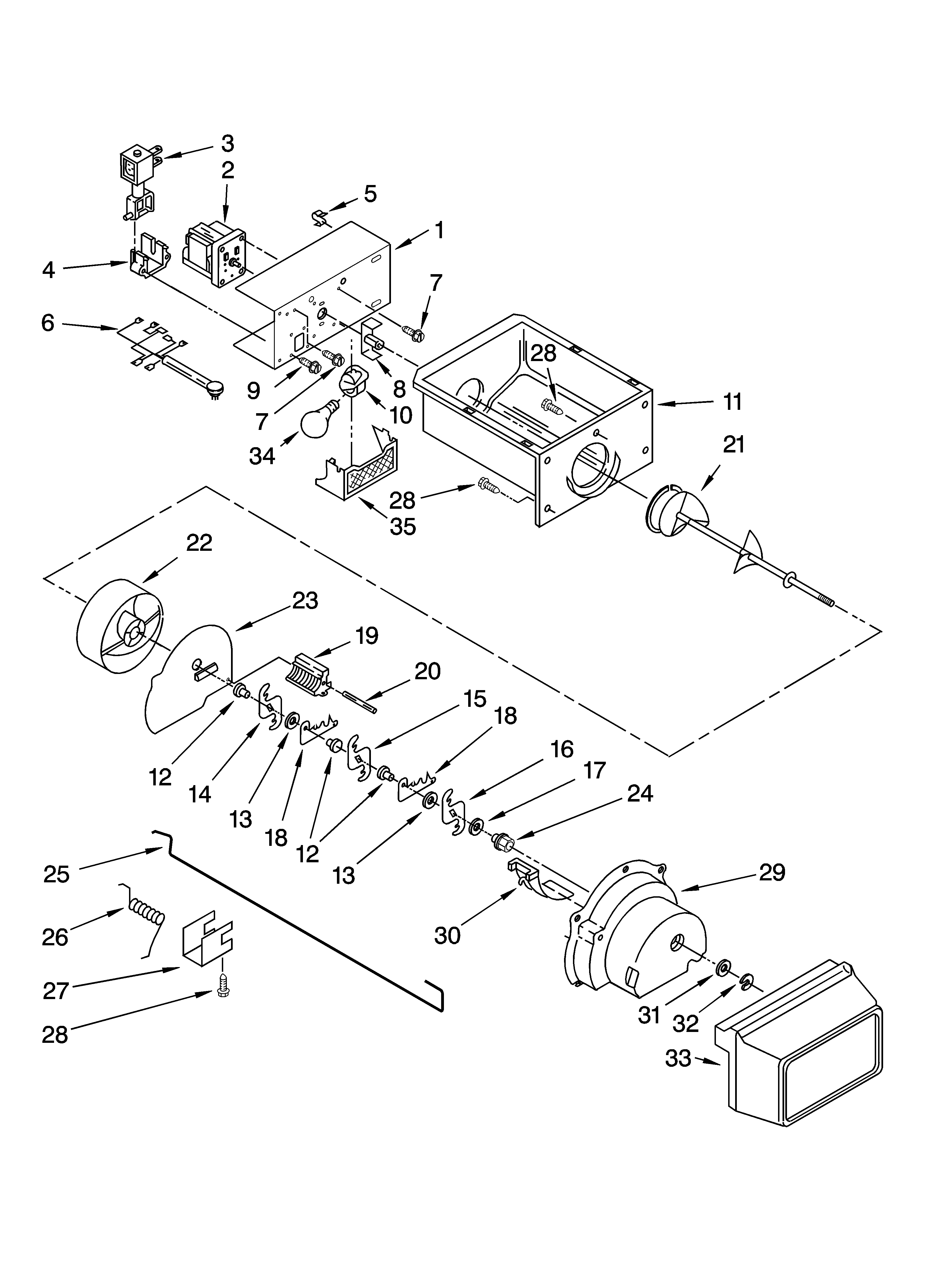 Whirlpool ED2FHEXSB05 motor and ice container parts diagram